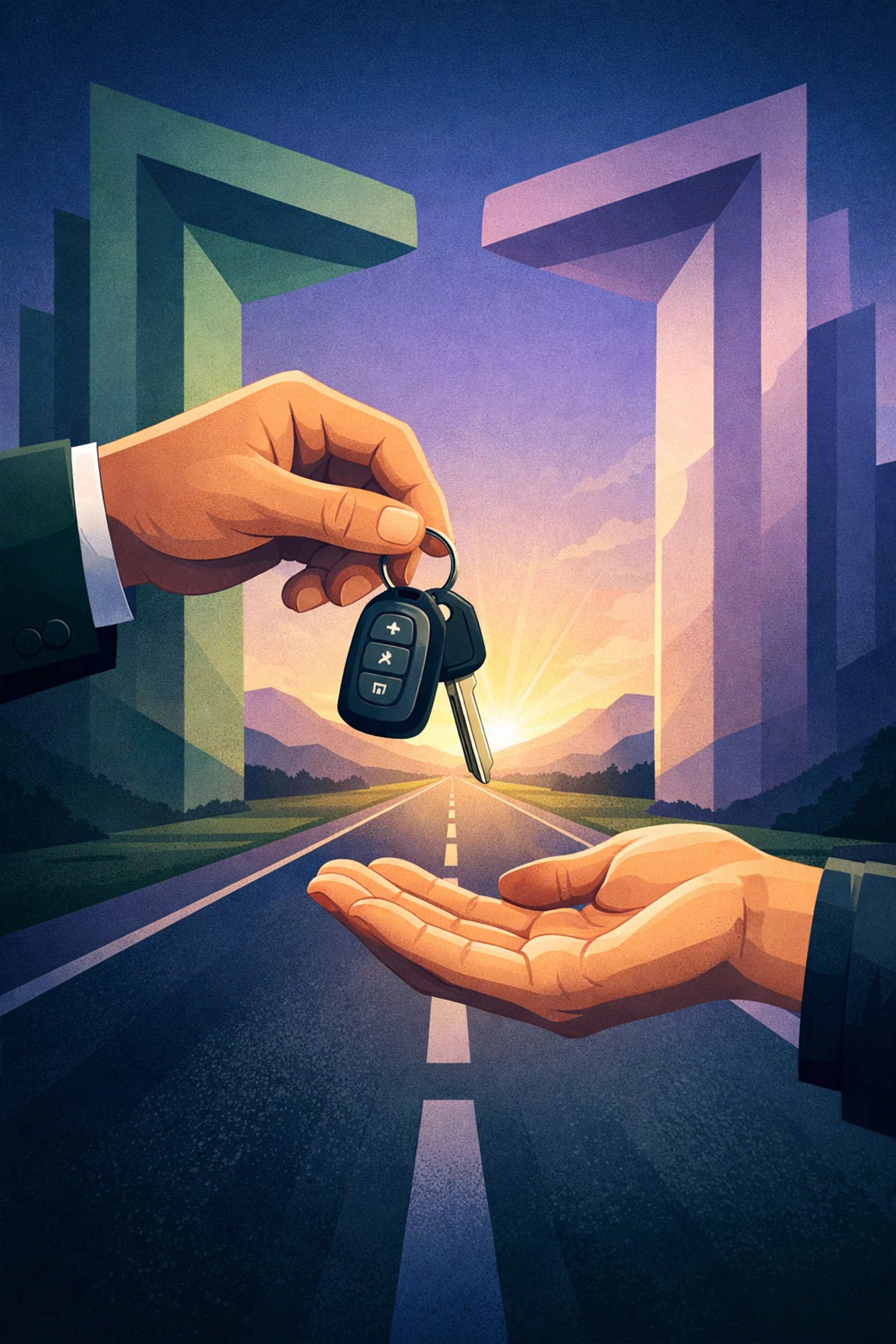 Passing ignition keys on an open road symbolizing new opportunities for Class 1 and Class 2 driver jobs.