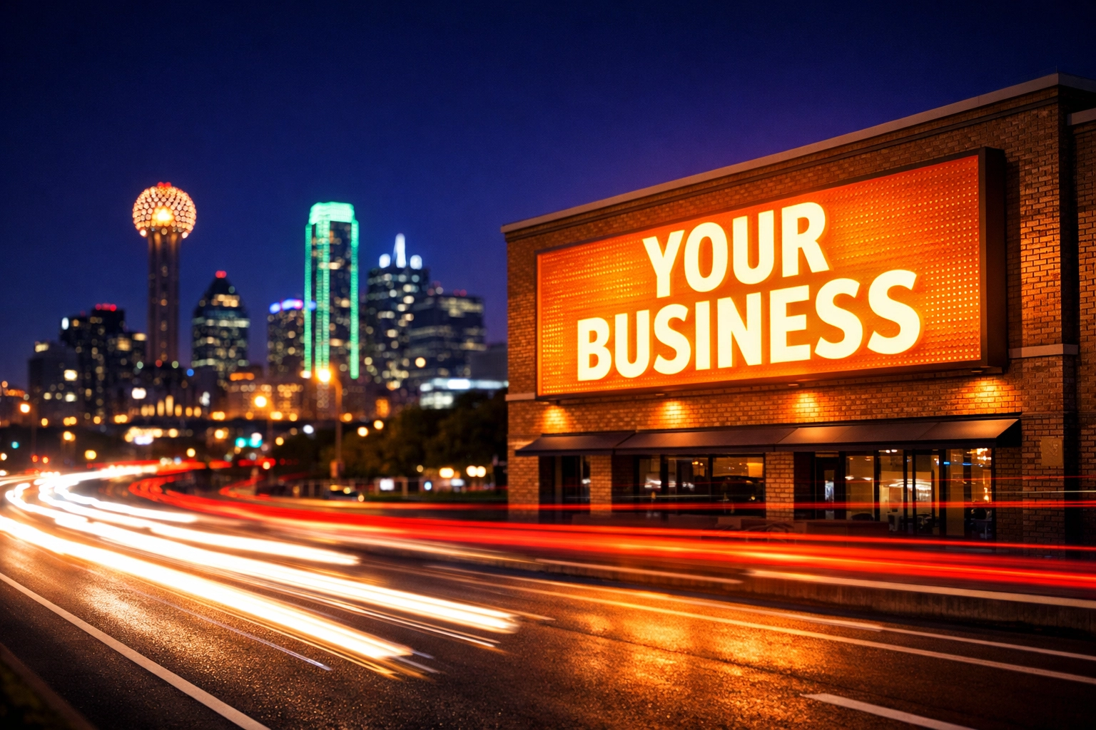 Bright custom LED building sign visible from a busy DFW road at night, showing high-traffic visibility