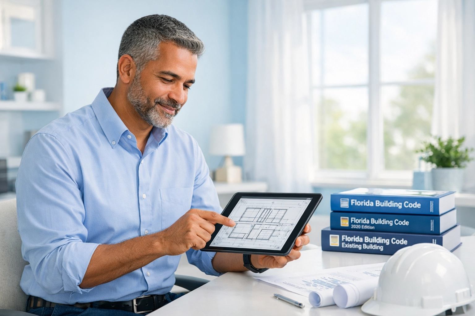 Licensed engineer reviewing Florida building code and architectural plans for private provider inspection