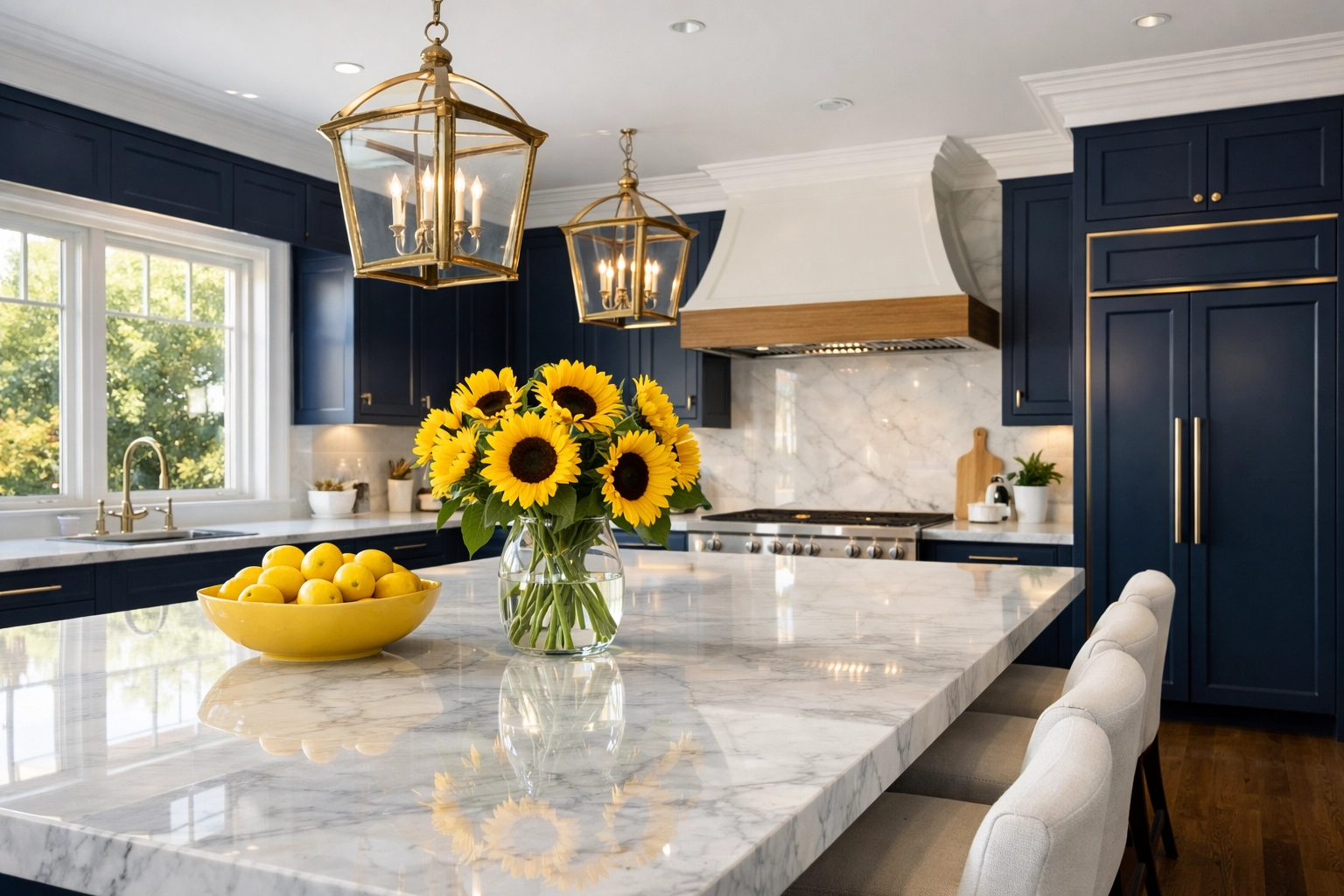 Pristine Dover kitchen marble island after specialized residential cleaning Massachusetts services.