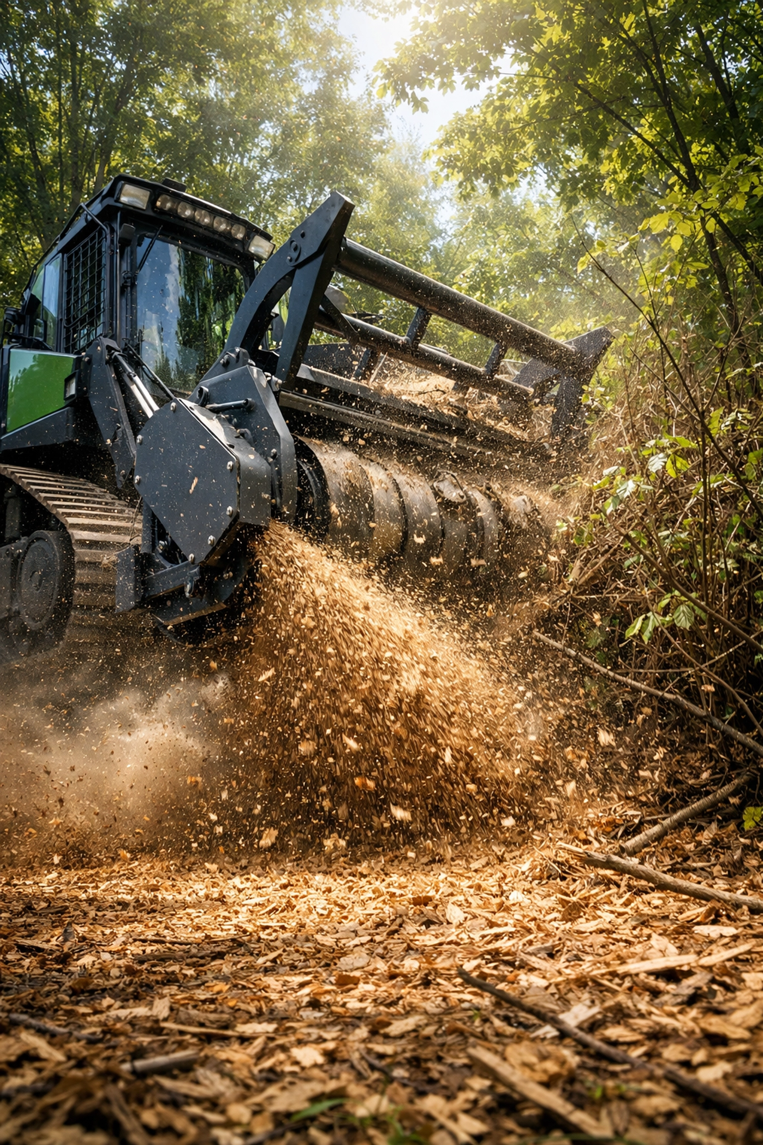 Land clearing services in Michigan utilizing a forestry mulcher to eliminate invasive brush and saplings.