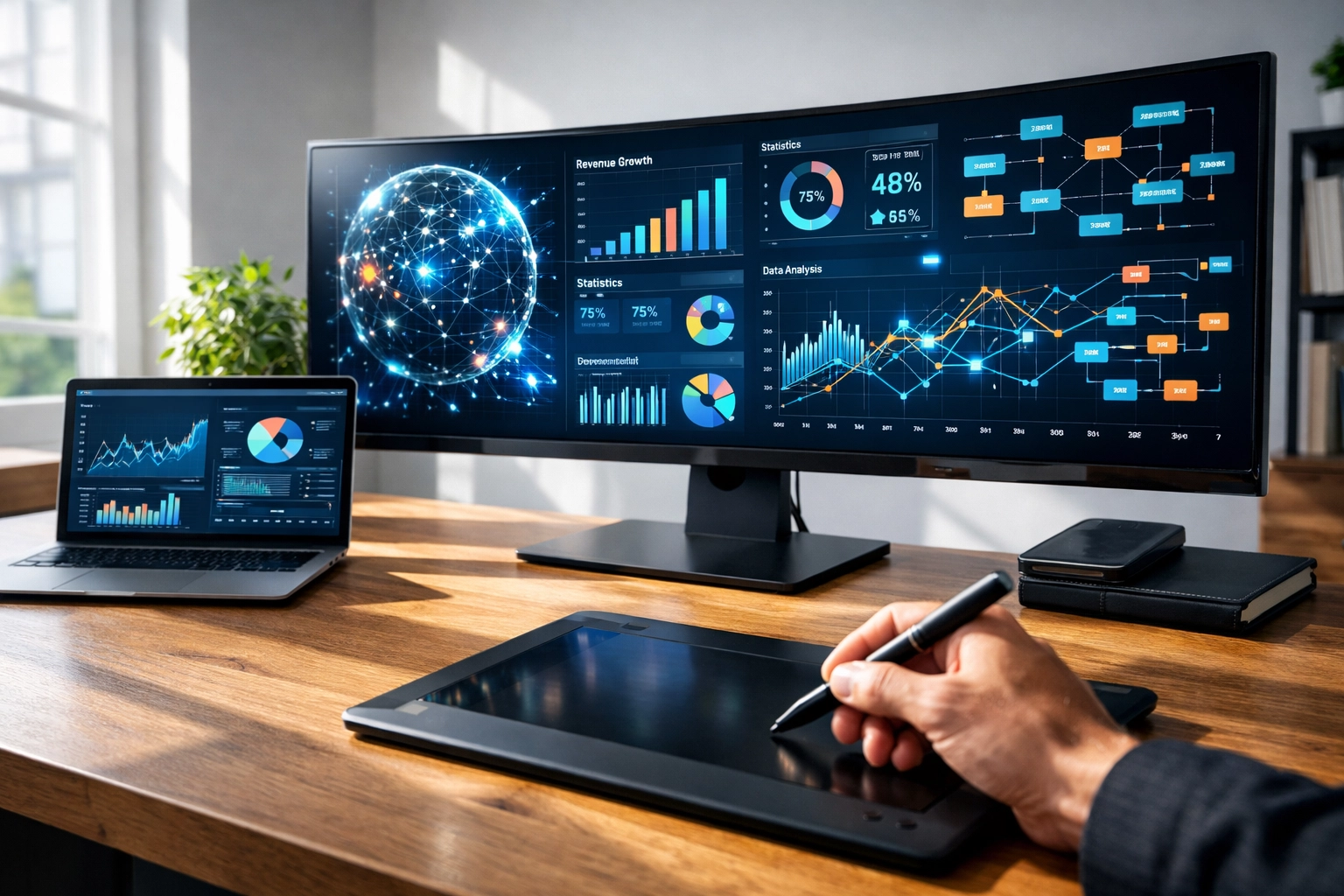 Modern office desk with a laptop displaying data-driven recruitment analytics dashboards.