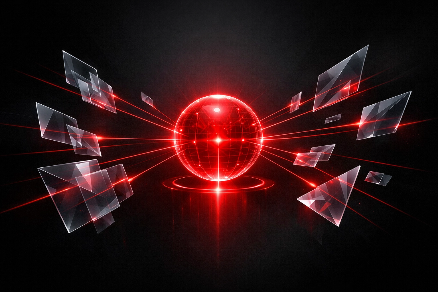 Red holographic nexus illustrating how Google AI Overviews pull information from various websites.