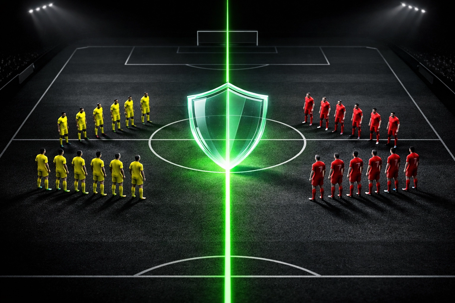 Football pitch visualization showing Draw No Bet protection shield between two teams