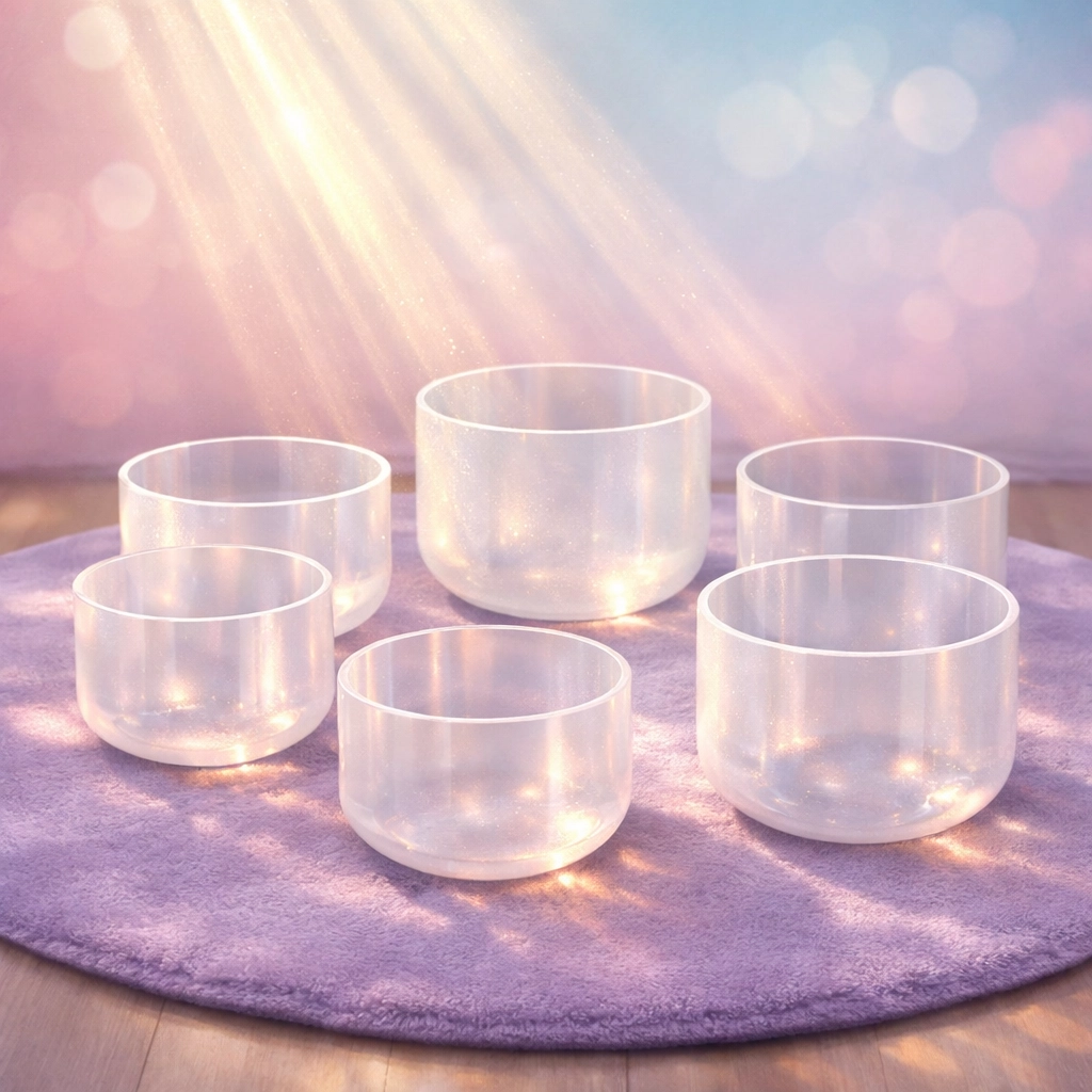 Crystal singing bowls arranged on meditation mat for sound healing therapy session