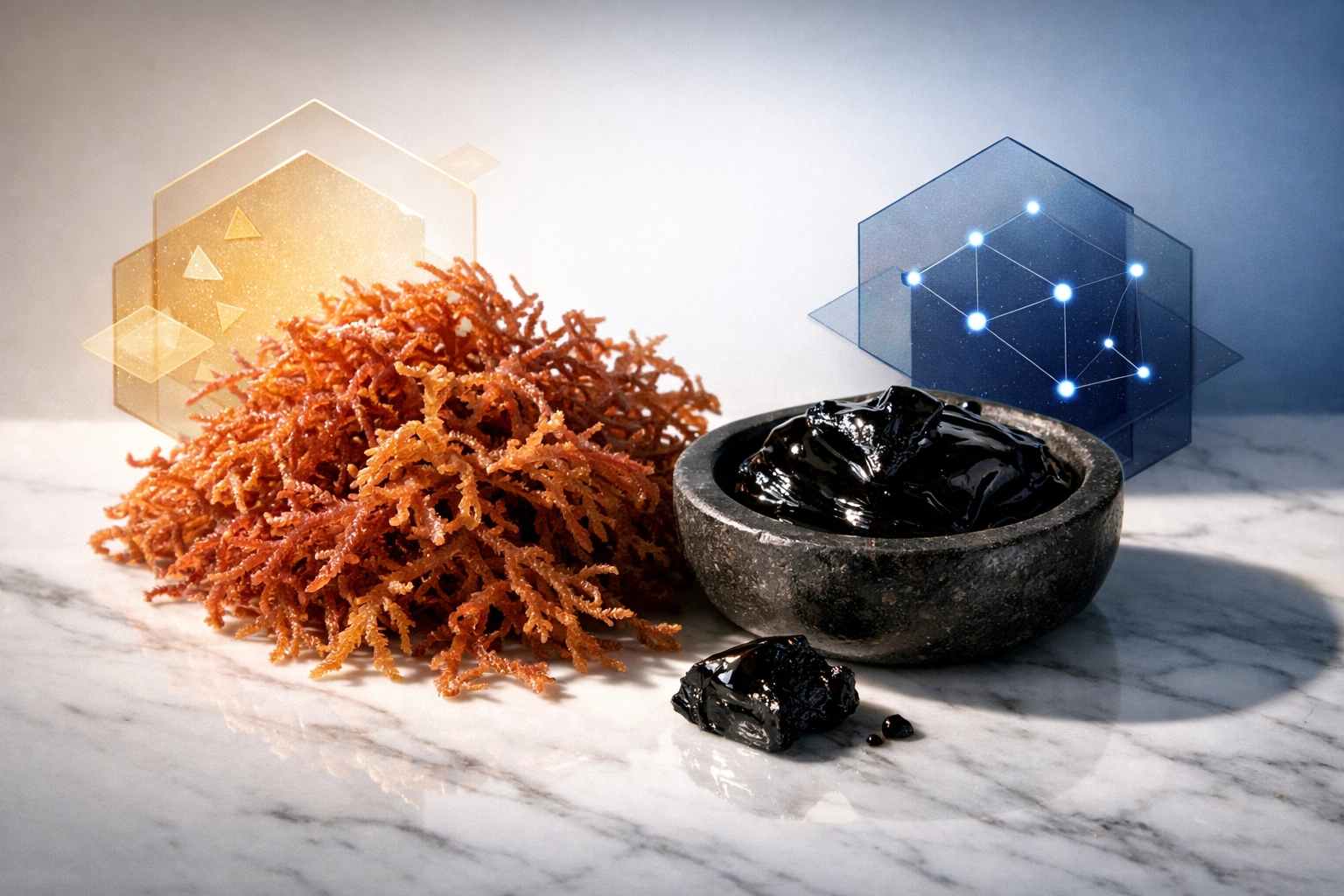 Raw organic sea moss and shilajit resin showing natural mineral-rich supplement ingredients