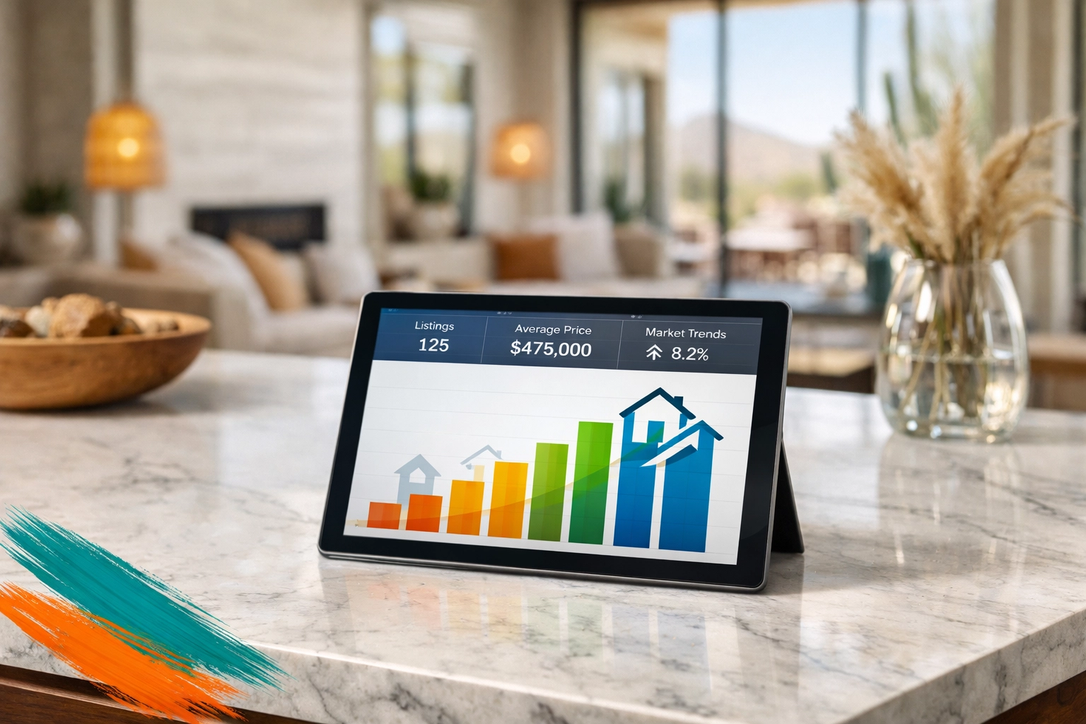 Digital tablet displaying Goodyear AZ real estate market statistics on a modern kitchen counter.