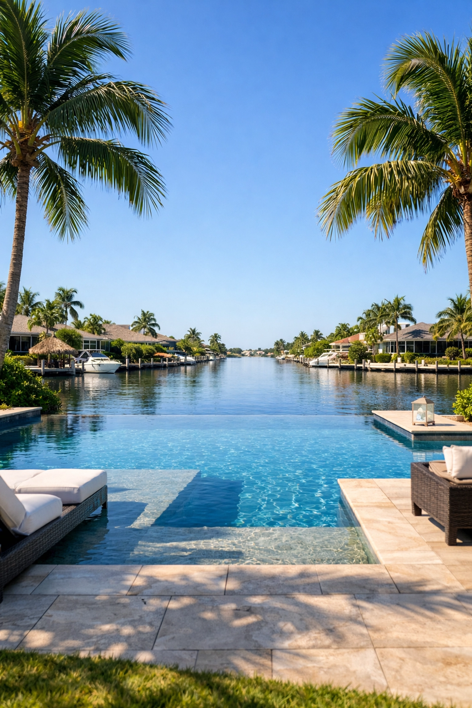 Luxury waterfront estate in Southwest Cape Coral featuring an infinity pool and canal views.