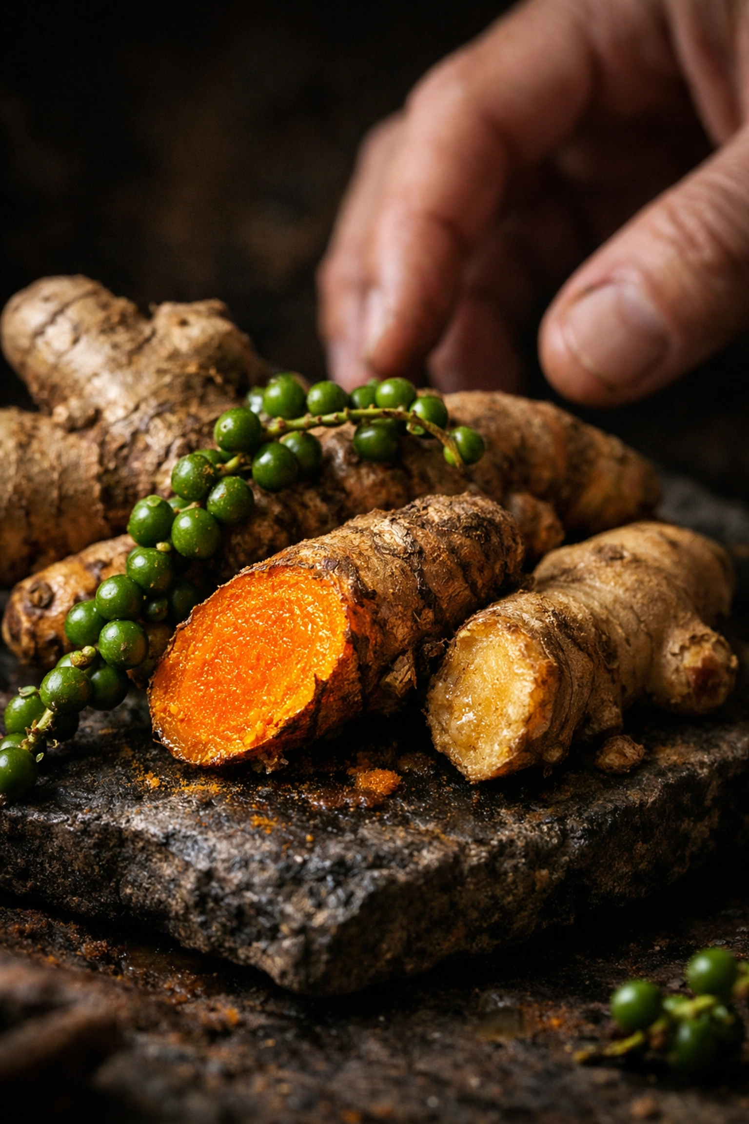 Fresh turmeric and ginger roots on stone, representing pure whole spices online buy India.