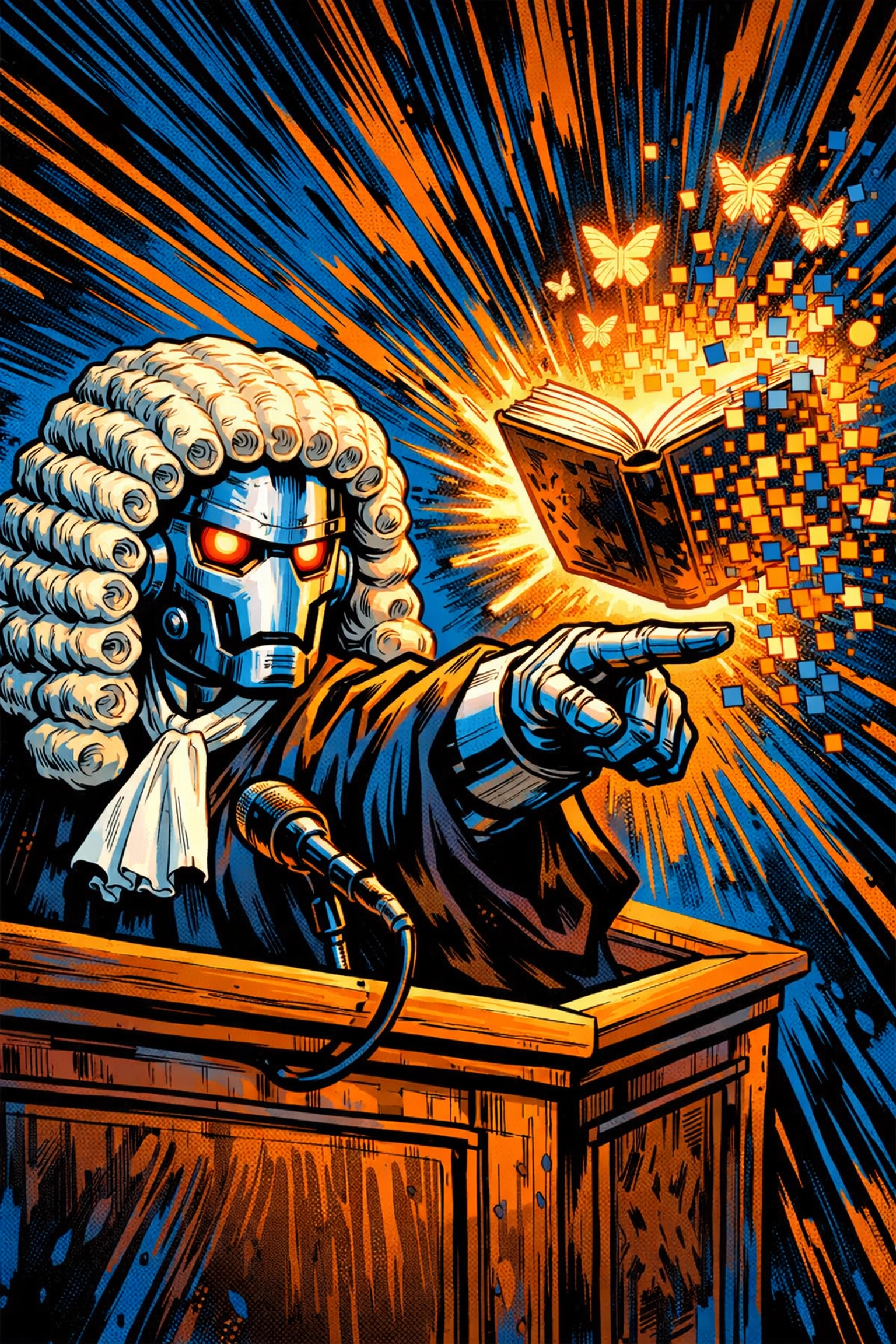 Robot dressed as a judge pointing at a dissolving book to represent AI hallucinations in business automation.