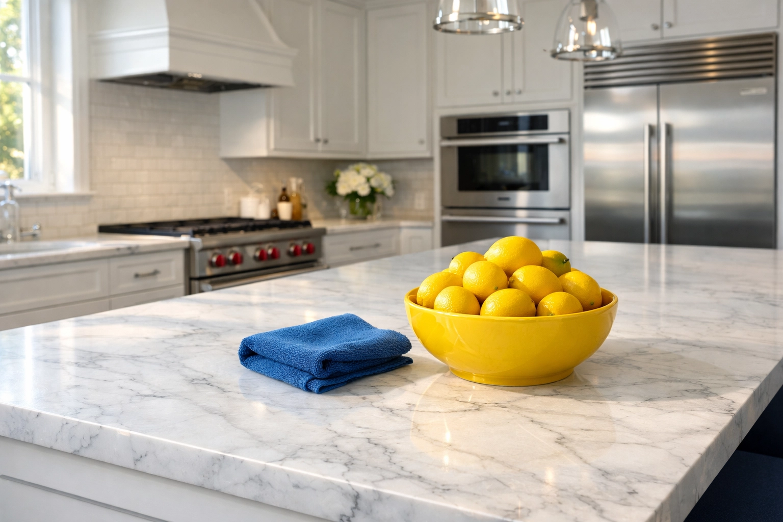 Pristine marble kitchen island after professional deep cleaning in Wellesley MA using stone-safe products.