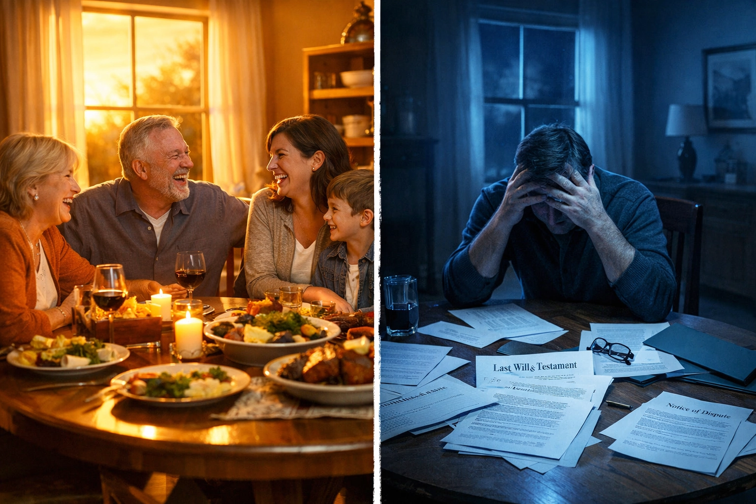 Happy family contrasted with stressed individual facing estate legal disputes