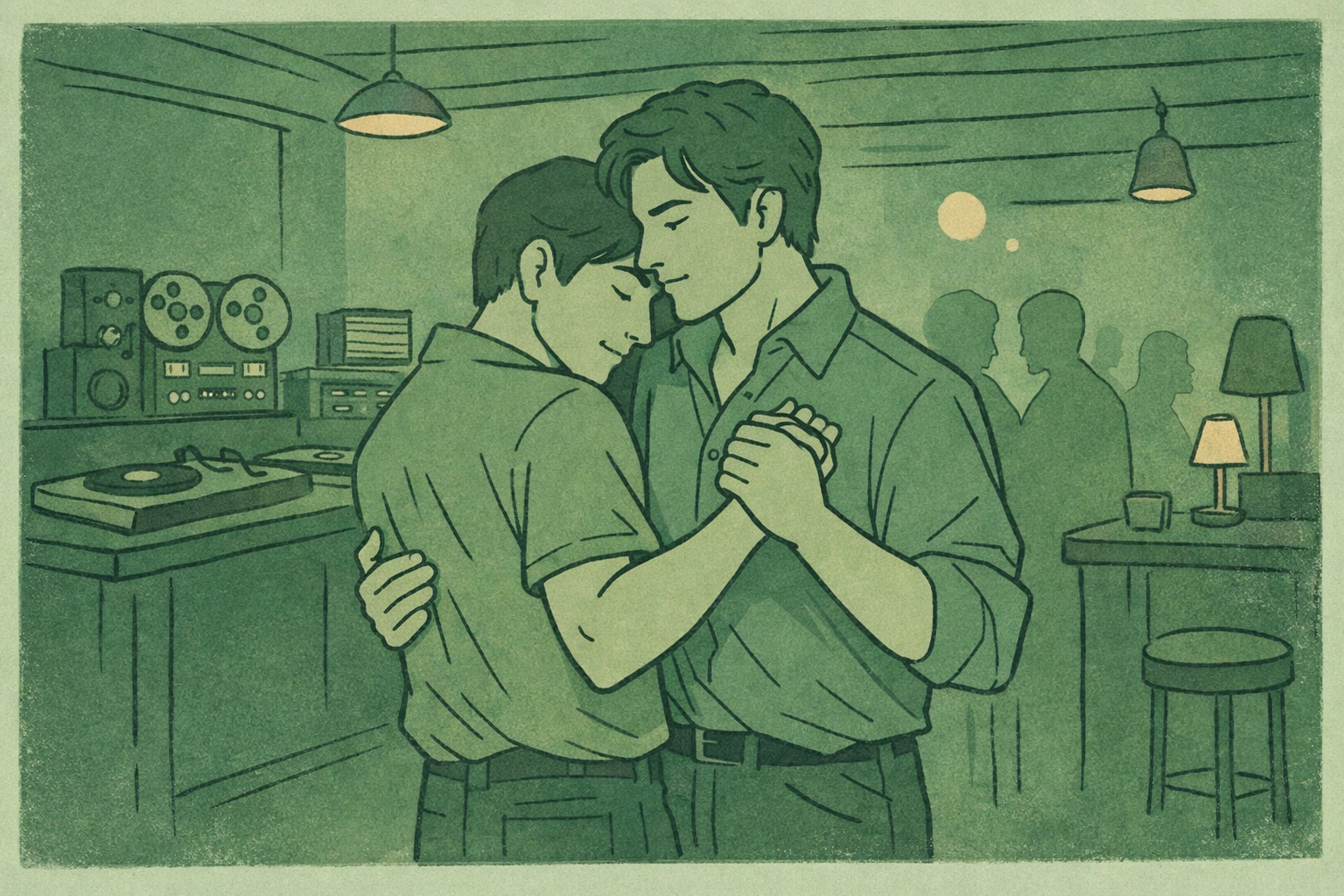 Two men slow dancing in Studio 54 basement club with intimate embrace in 1970s gay nightlife