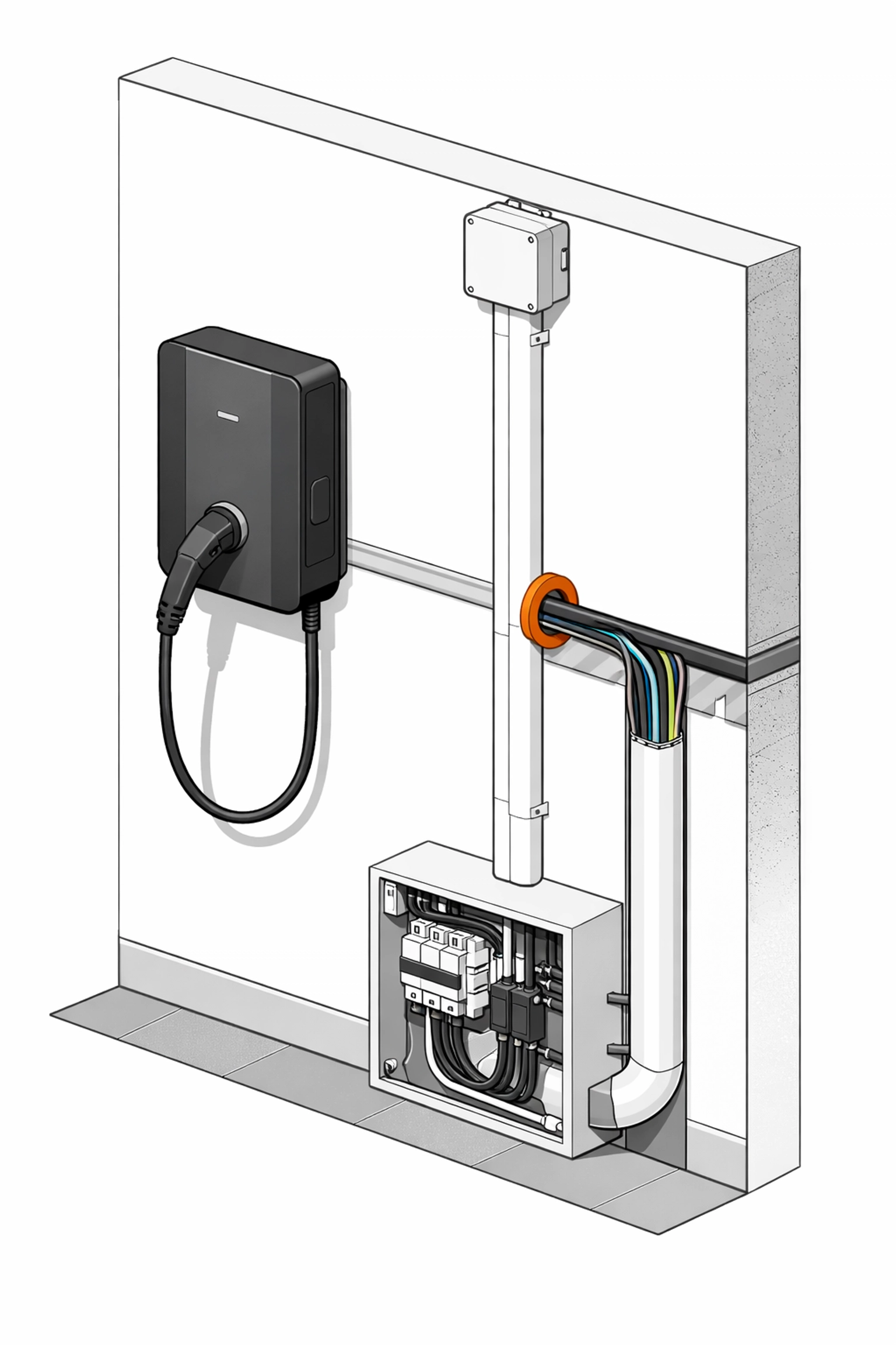 Professionelle Wallbox Installation mit sauberer Leitungsführung und Kabelkanal.