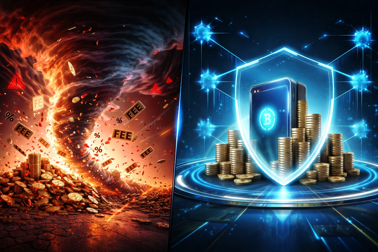 Side-by-side illustration of traditional payment fees chaos versus secure blockchain wallet savings for merchants