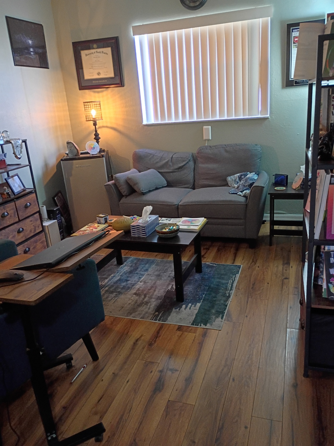 Cozy Therapy Office featuring a grey couch with soft pillows