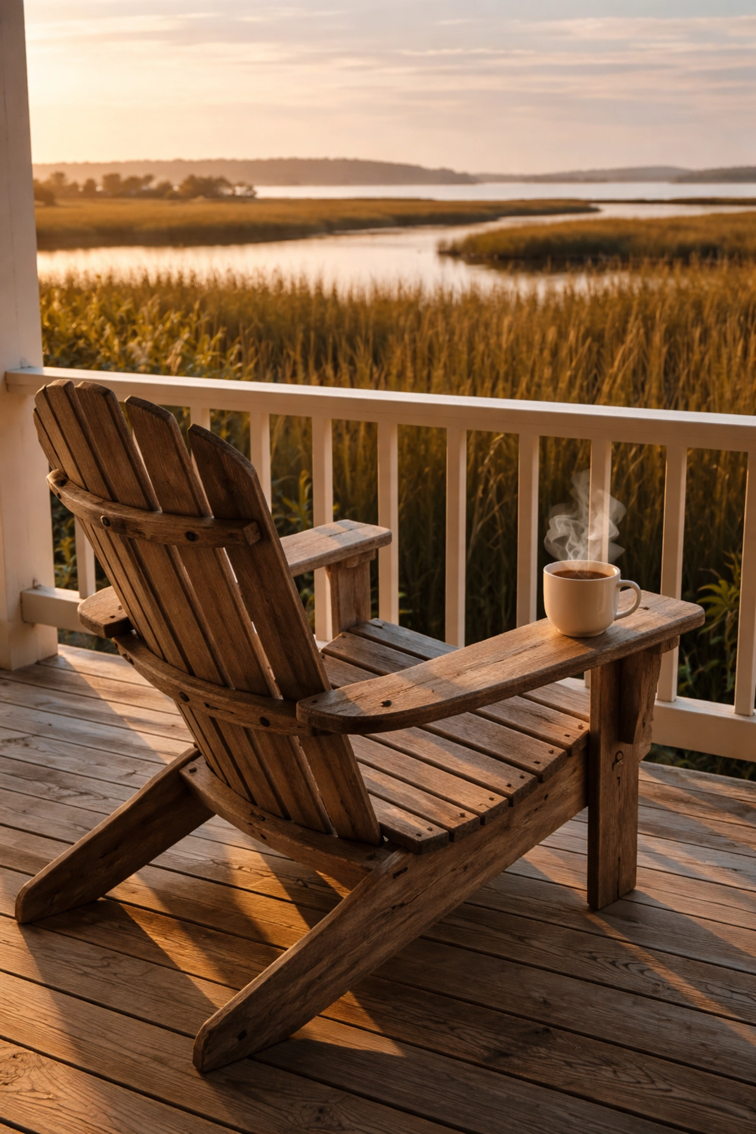 Empty Adirondack chair on a coastal porch at sunset, inviting quietness and Holy Spirit-led rest in Nocatee