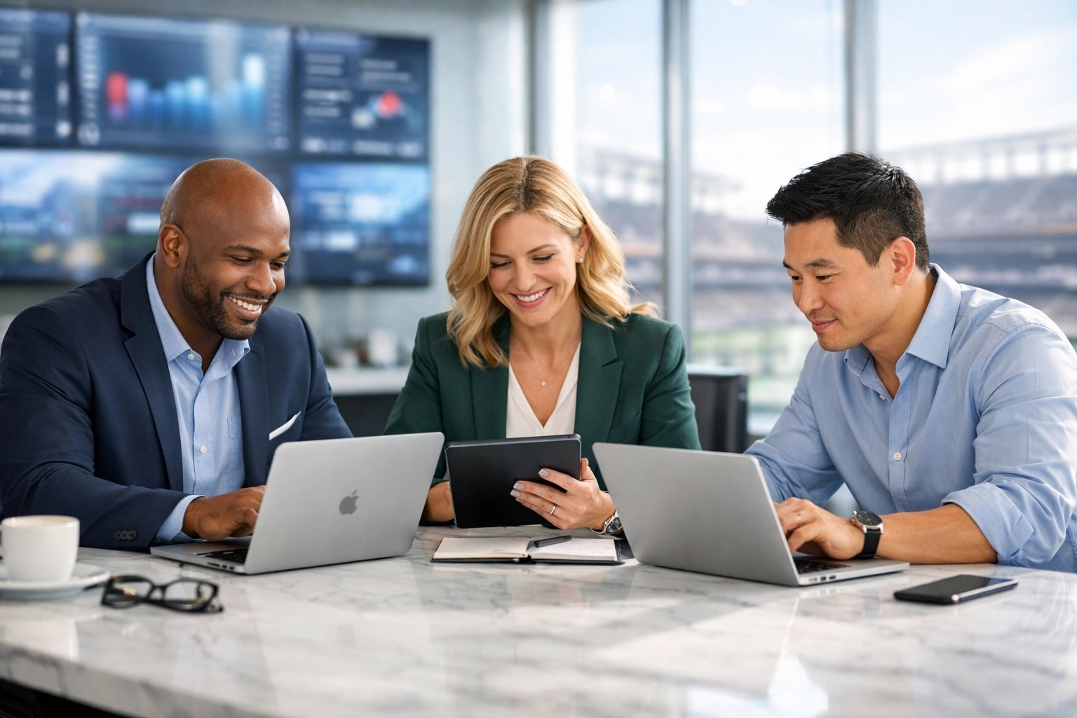 PRESS RELEASE: 10 Reasons Your Super Bowl Brand Visibility Isn’t Working (And How USA Entertainment Travel’s Integrated Platform Fixes It) Marketing executives collaborating on real-time brand engagement strategies in a high-tech war room.