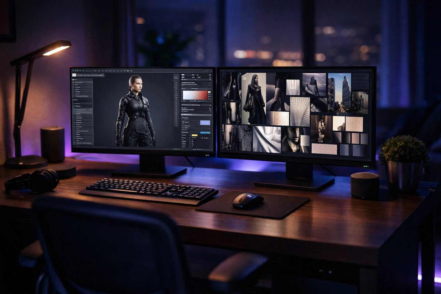 A professional home studio desk featuring dual monitors used for designing a digital AI superstar persona.