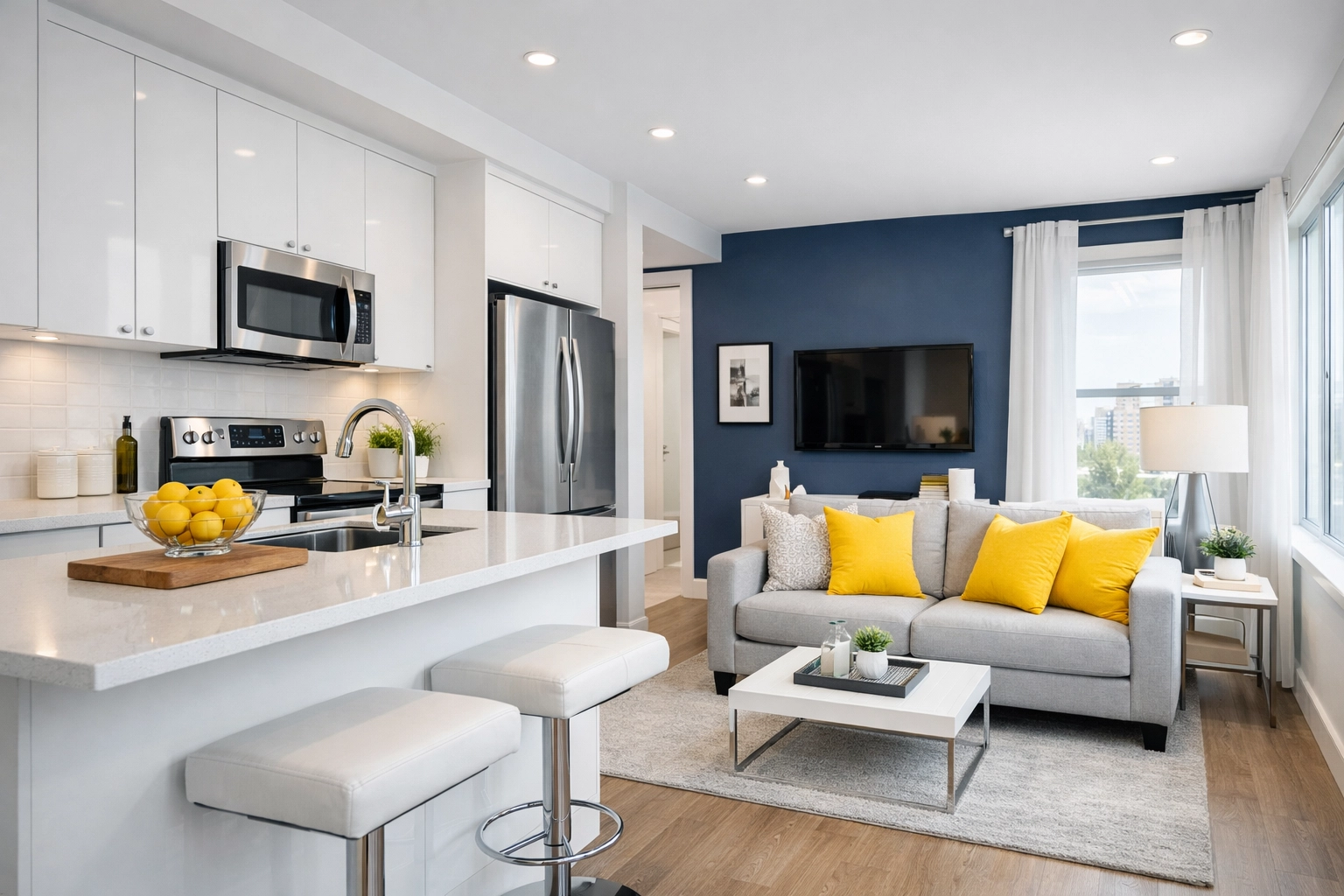 Clean and organized modern studio apartment in Leominster MA after professional cleaning.