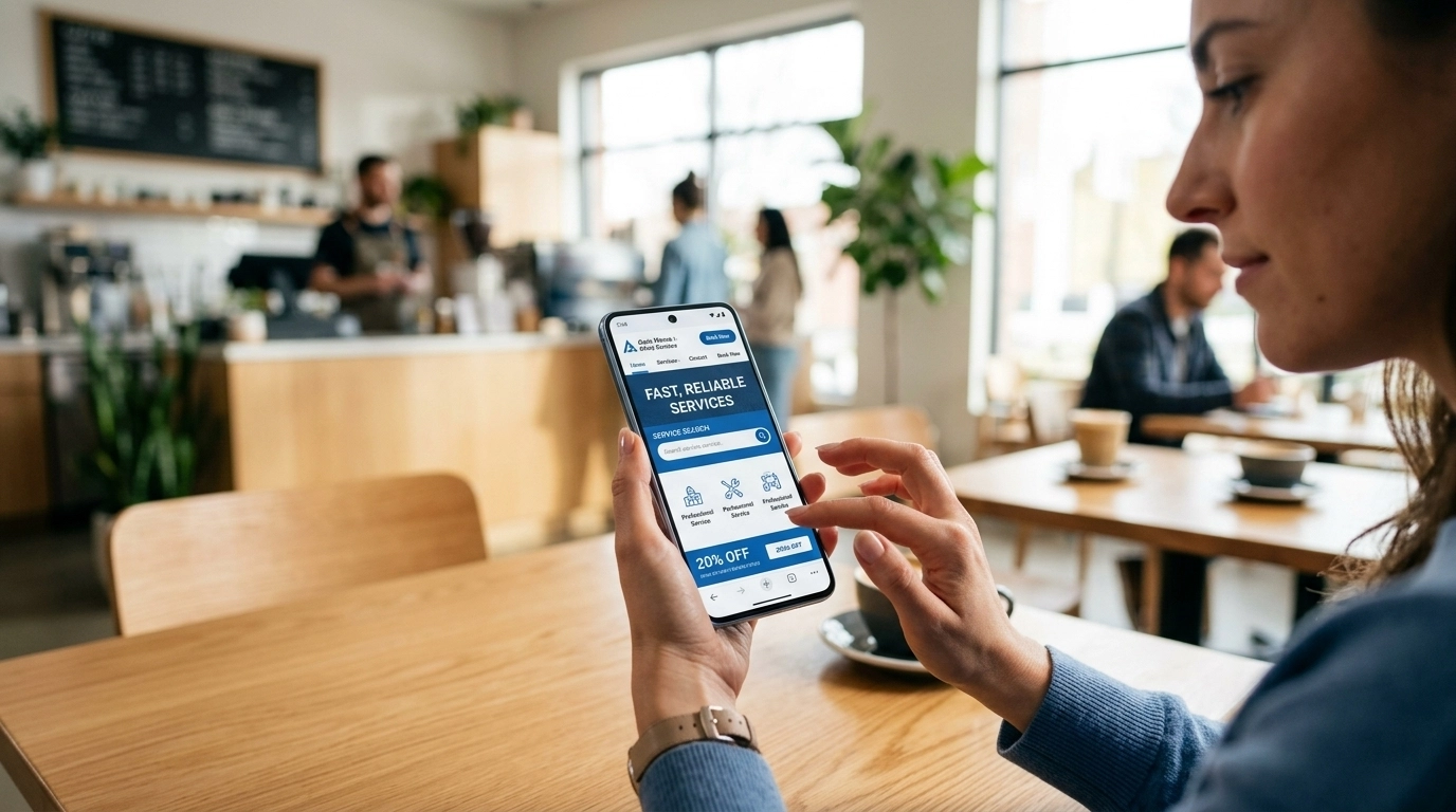 A person using a smartphone in a bright cafe, showing a fast-loading service business website.