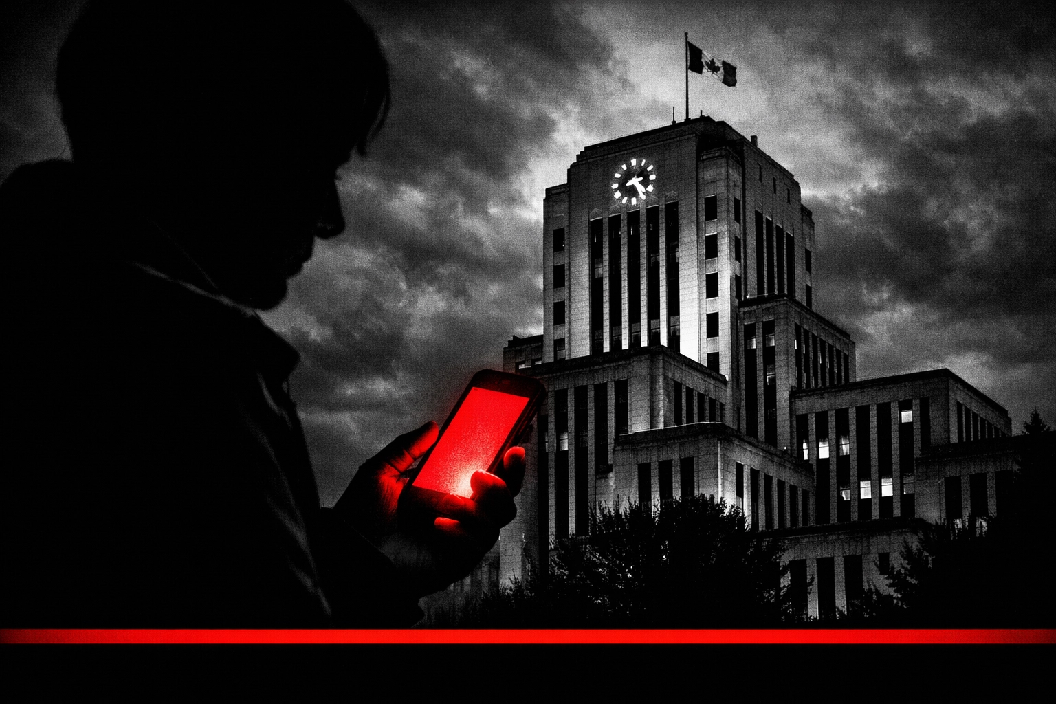 A smartphone user in front of Vancouver City Hall, illustrating social media accountability in local news.