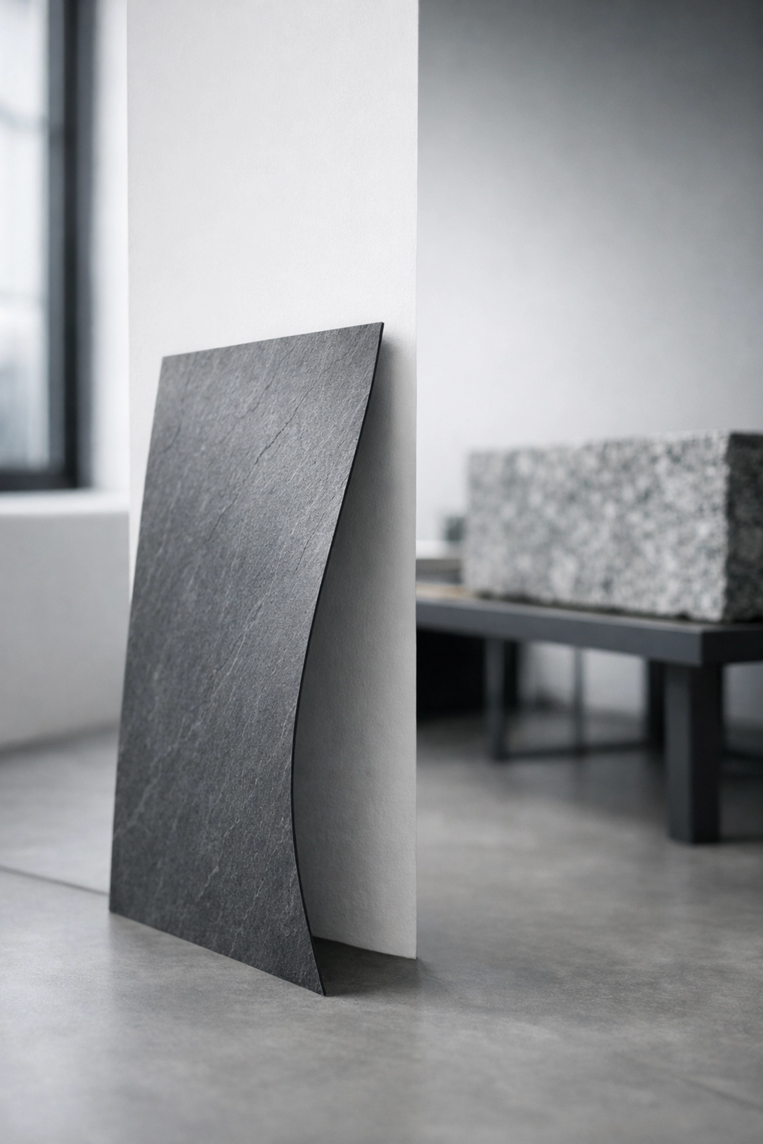 Panneau de pierre mince de 2 mm ECO-FLEXI MCM démontrant sa flexibilité à côté d'une lourde dalle de granit traditionnelle.