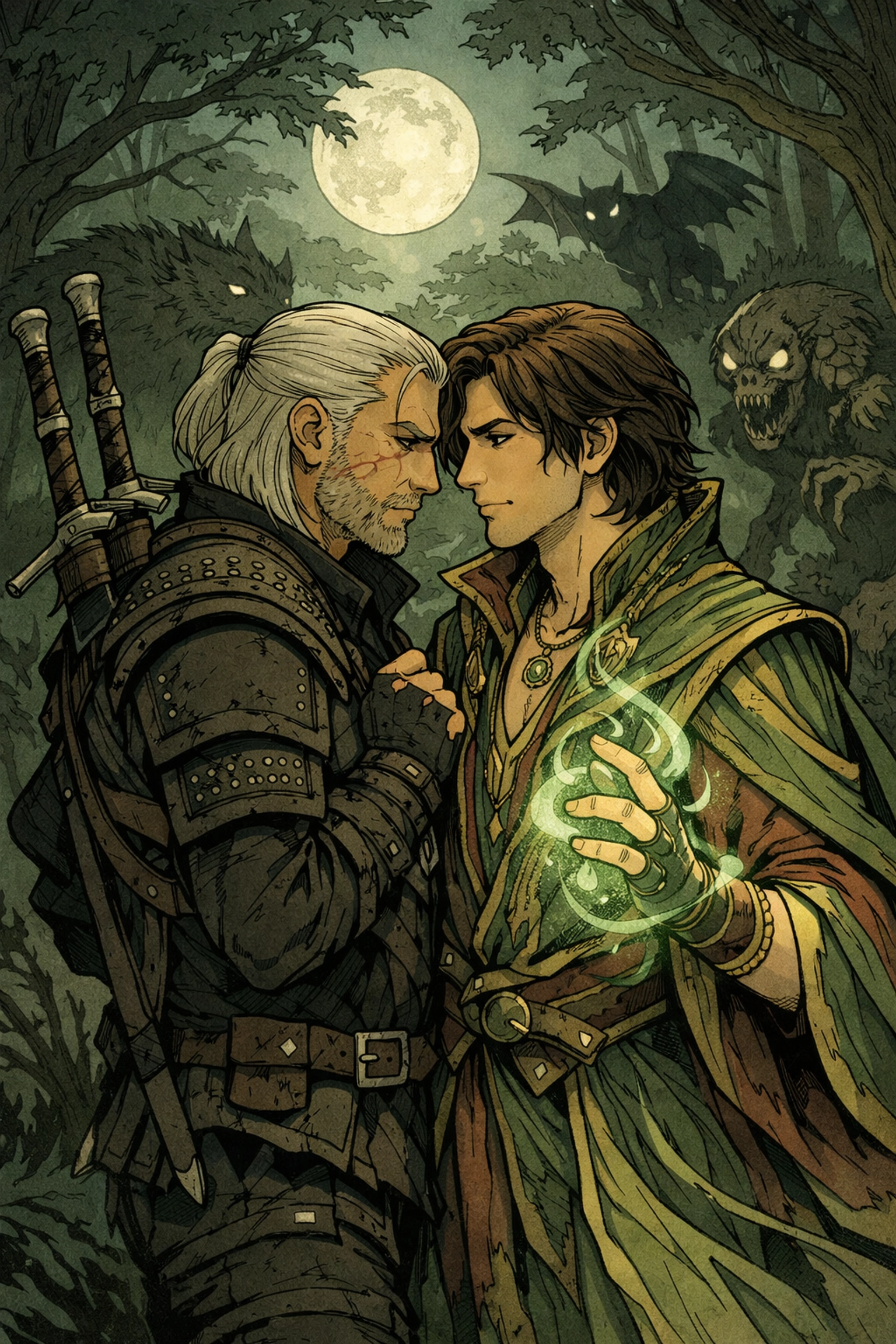 Witcher and rogue mage in intimate moonlit encounter - MM fantasy romance illustration