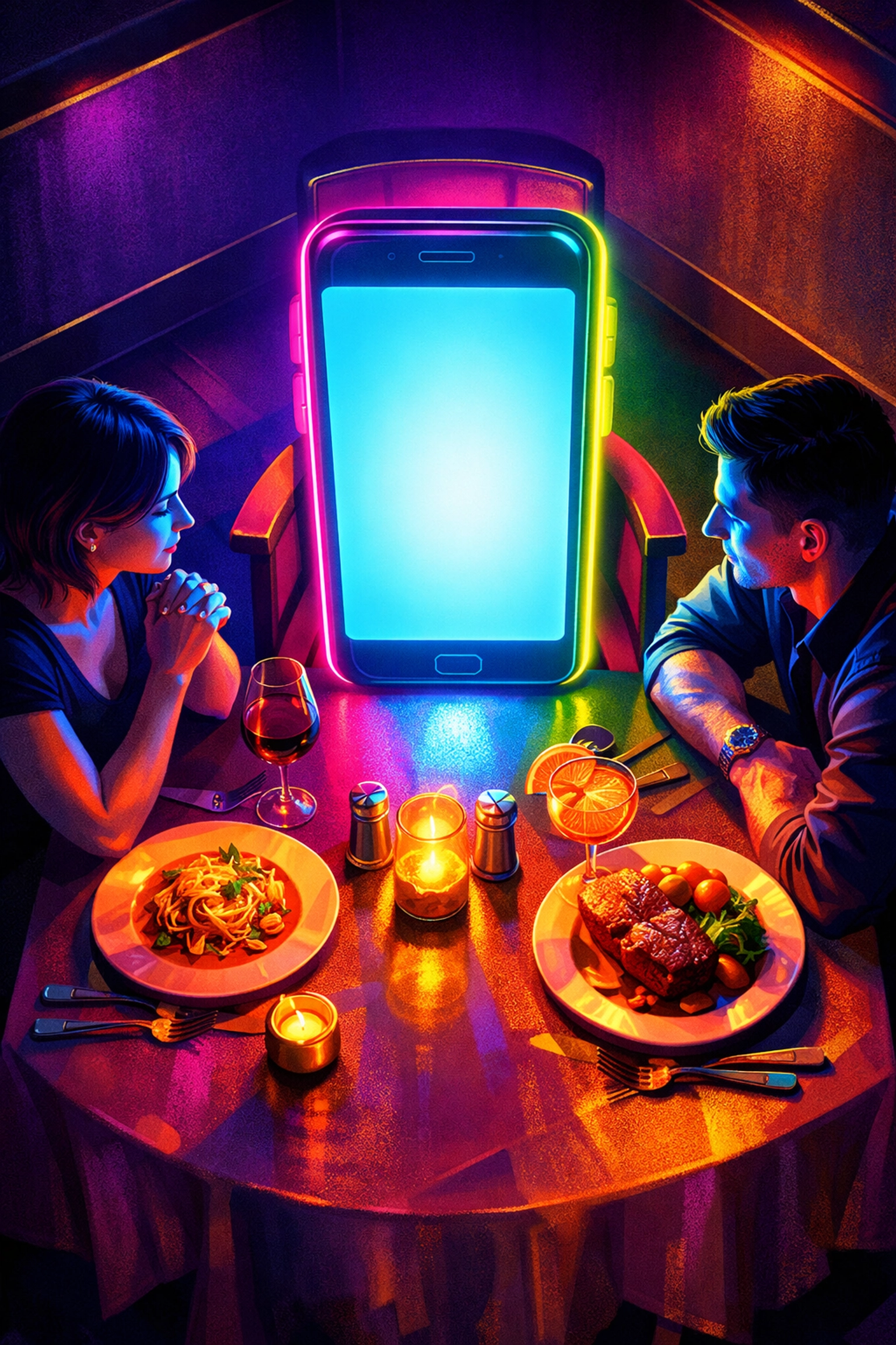 Phone distraction ruining date connection as third wheel at dinner table