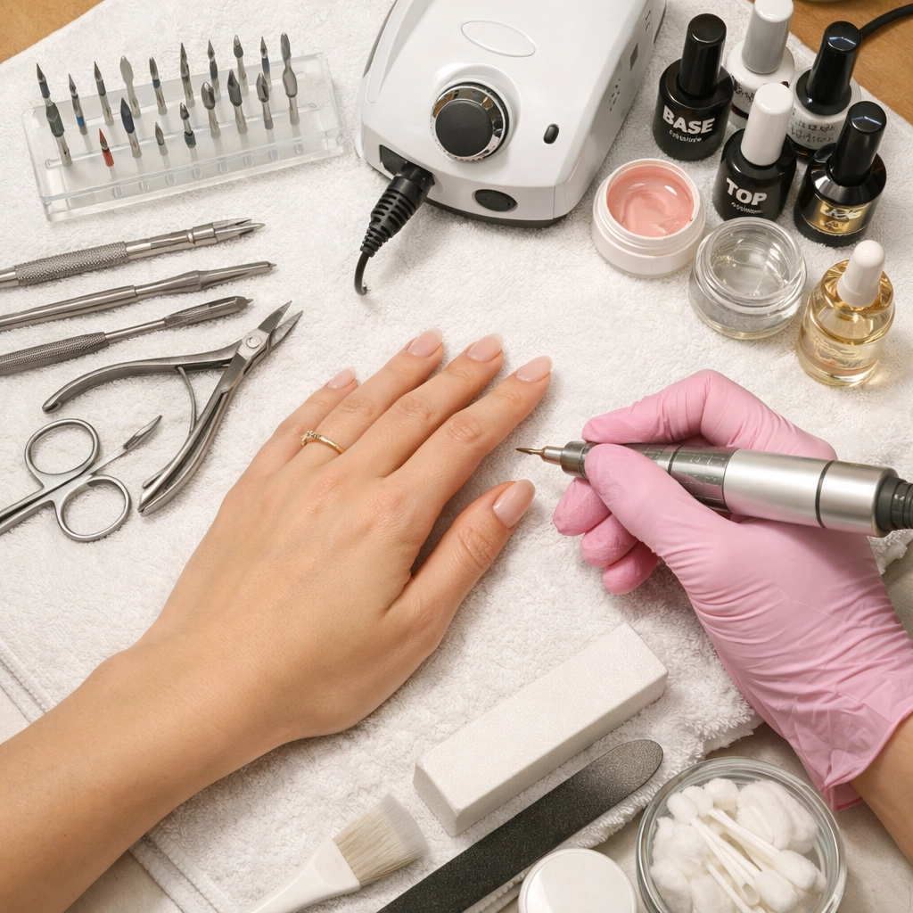 Professional e-file tools and equipment for Russian manicure service at nail salon