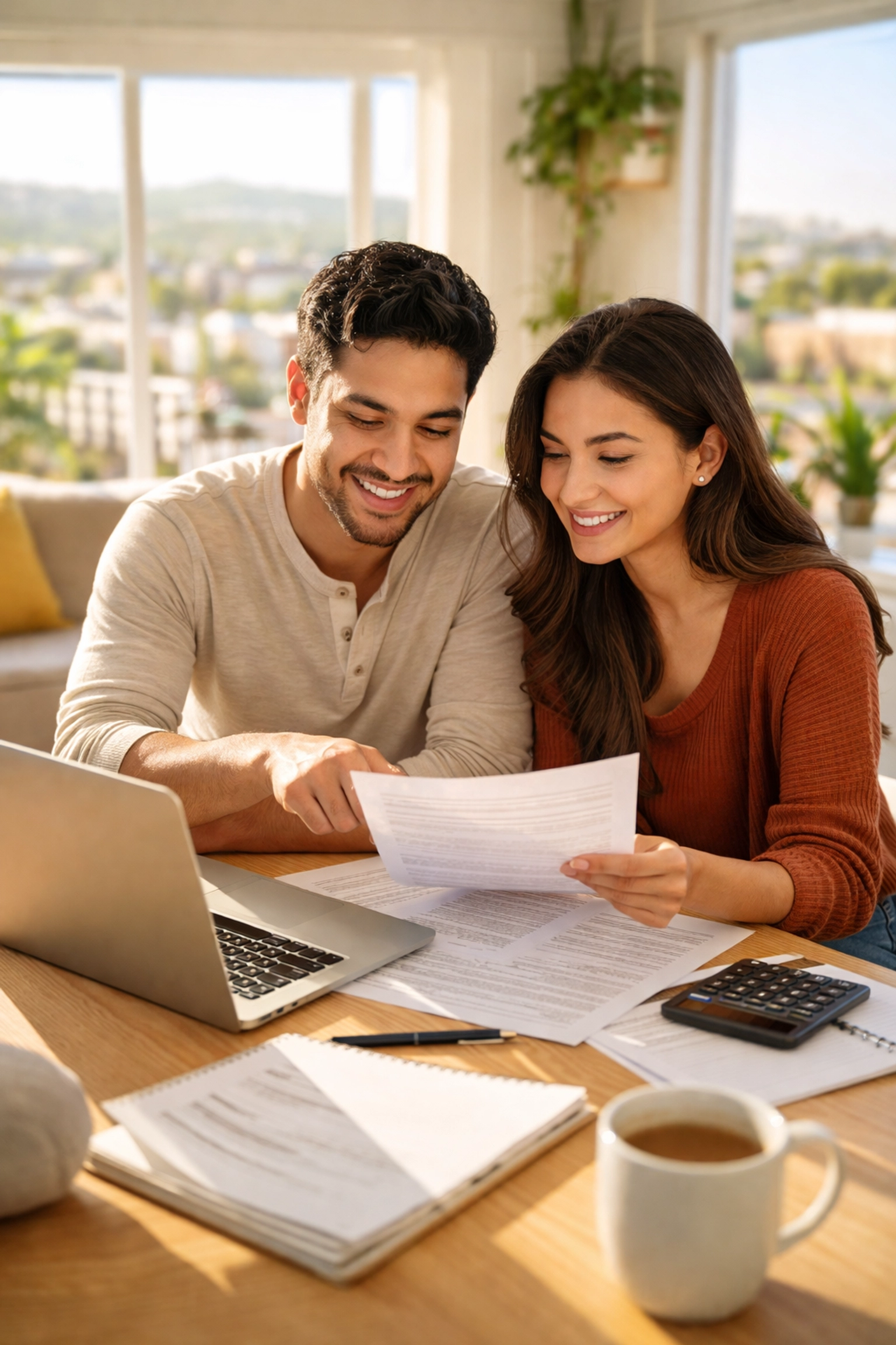 Young Hispanic couple reviewing financial documents in their Las Vegas apartment, planning first-time home purchase.