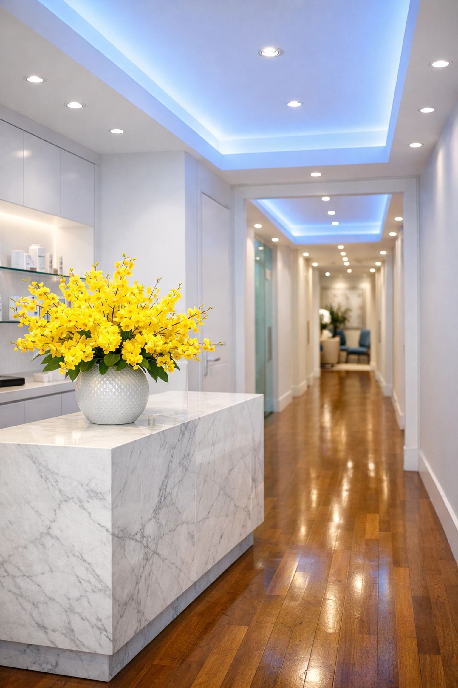 Sanitized Brookline medical facility hallway demonstrating expert medical office cleaning standards.