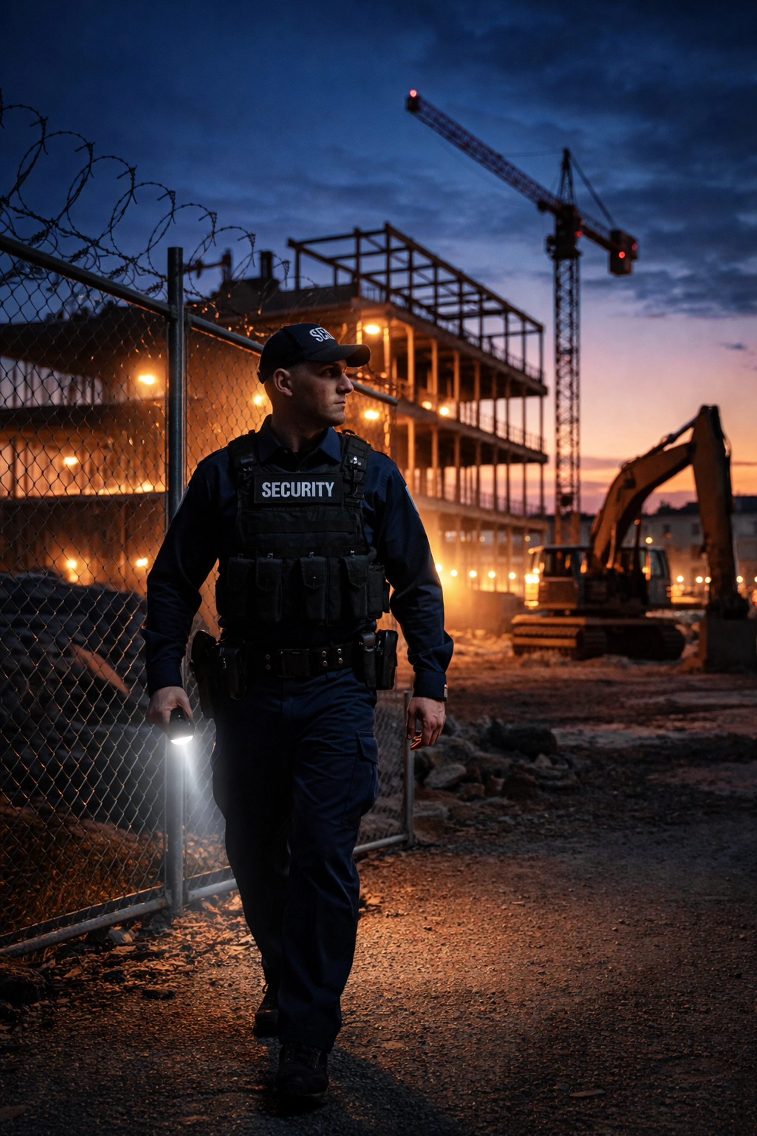 Uniformed security guard patrolling a construction site at dusk, highlighting construction site security and theft prevention.