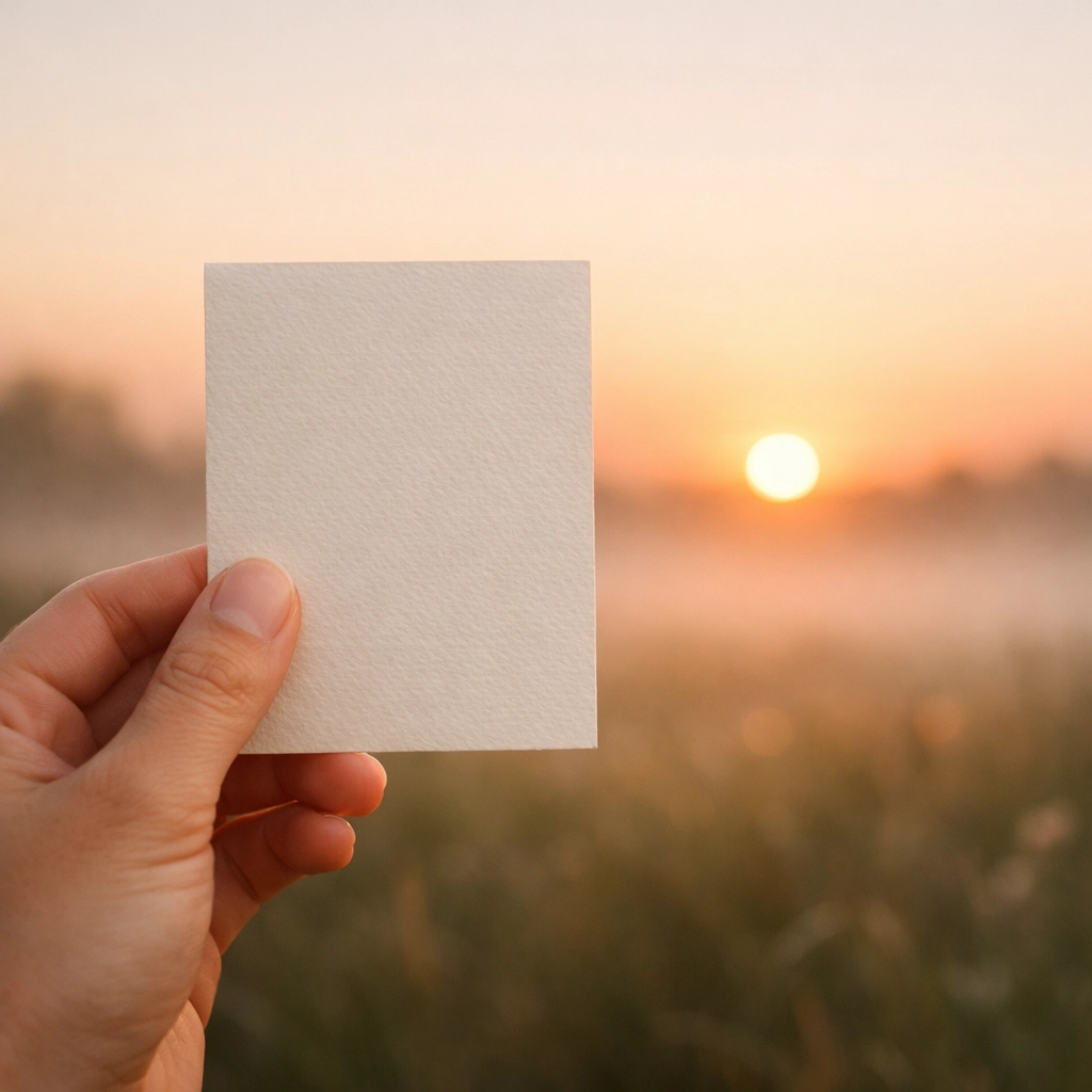 Hand holding a truth card against a morning sunrise, representing a new beginning and a renewed mind
