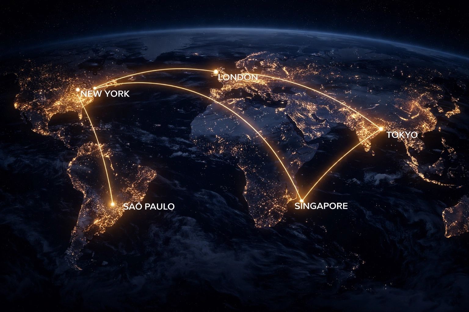 Global map at night showing international financial centers and investment diversification across regions