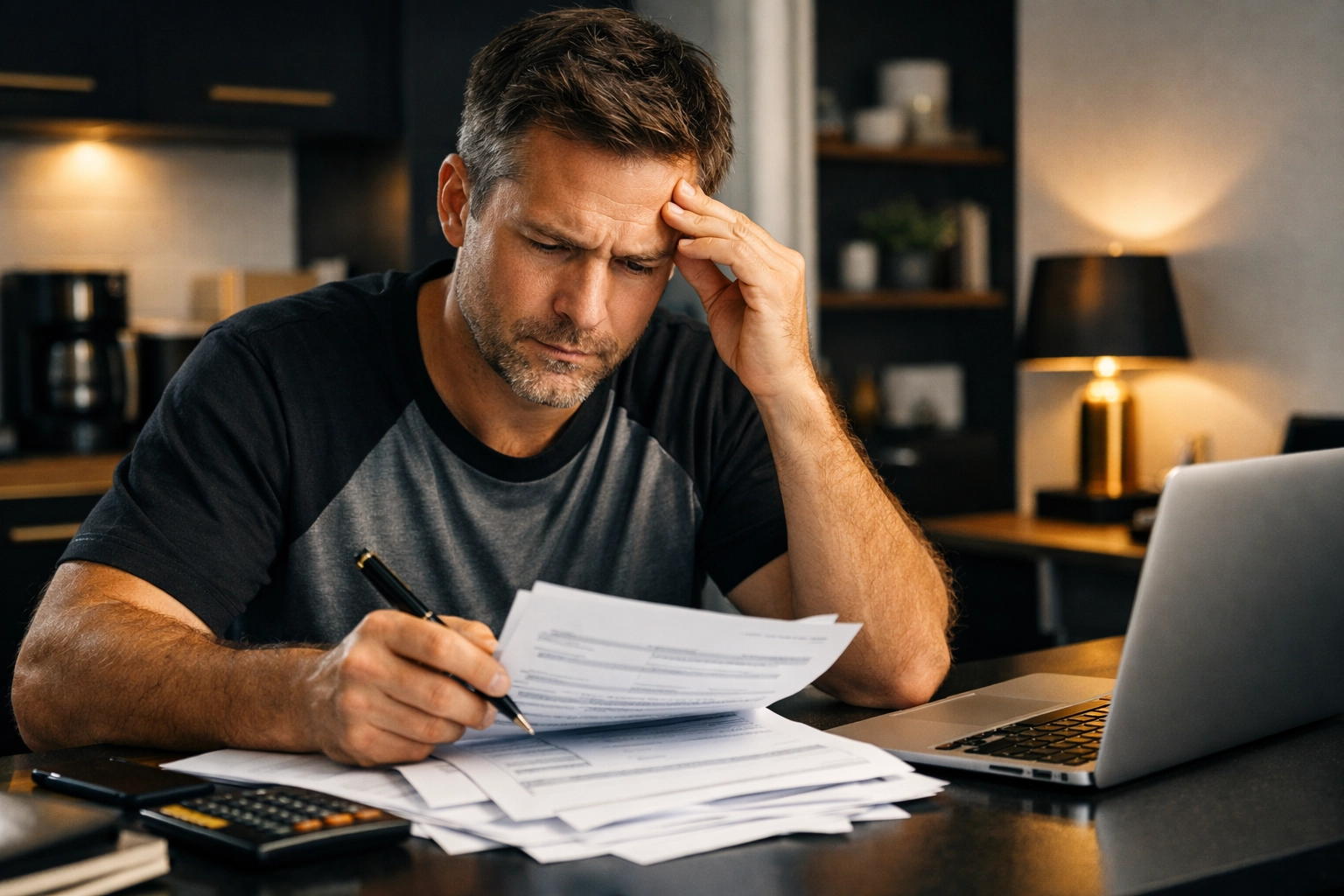 A regular working person reviewing permit paperwork at a home office desk