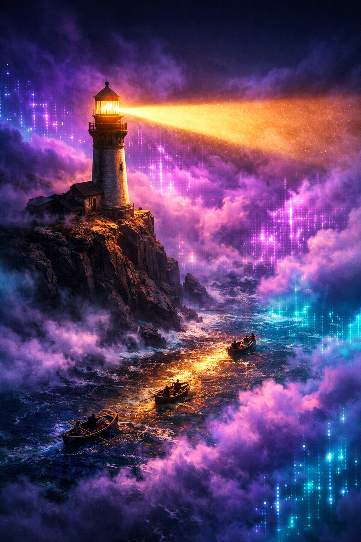 A lighthouse guiding boats through digital fog, representing content marketing visibility.