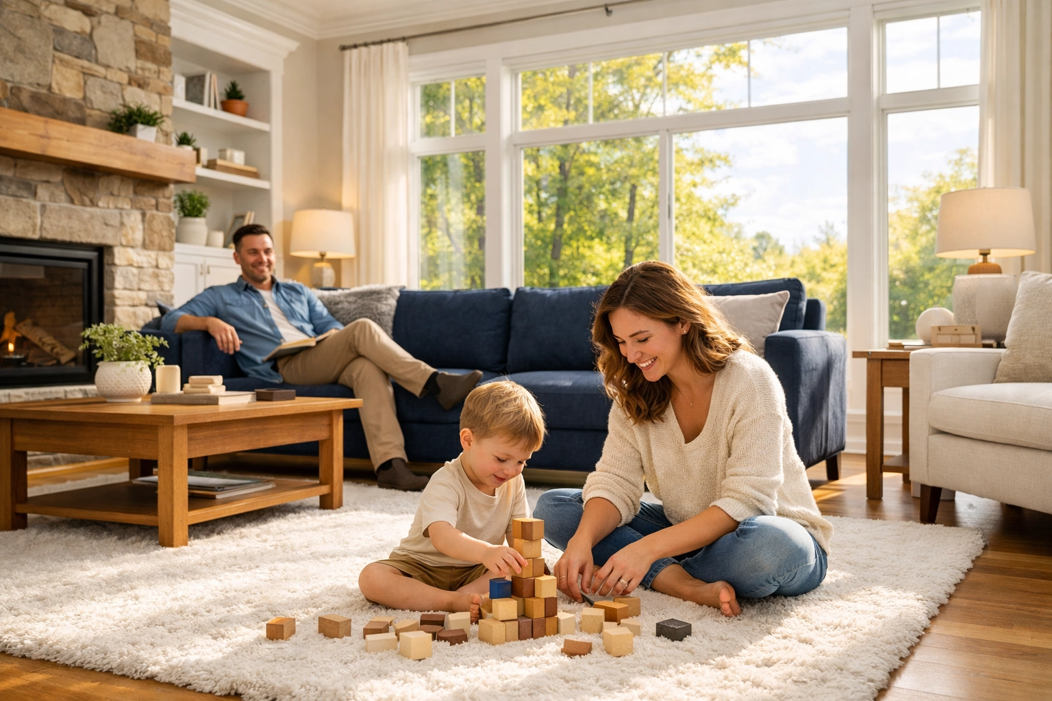 A clean, organized Massachusetts living room where a family relaxes after a bi-weekly house cleaning service.