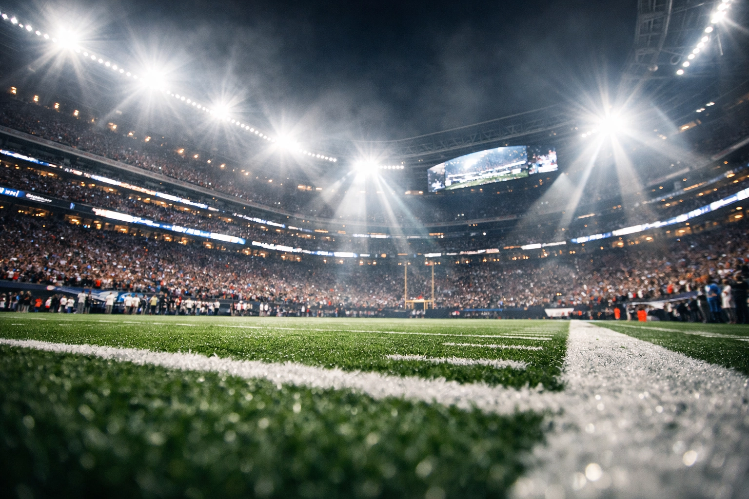 A crowded football stadium at night with bright lights during a major professional sports event.