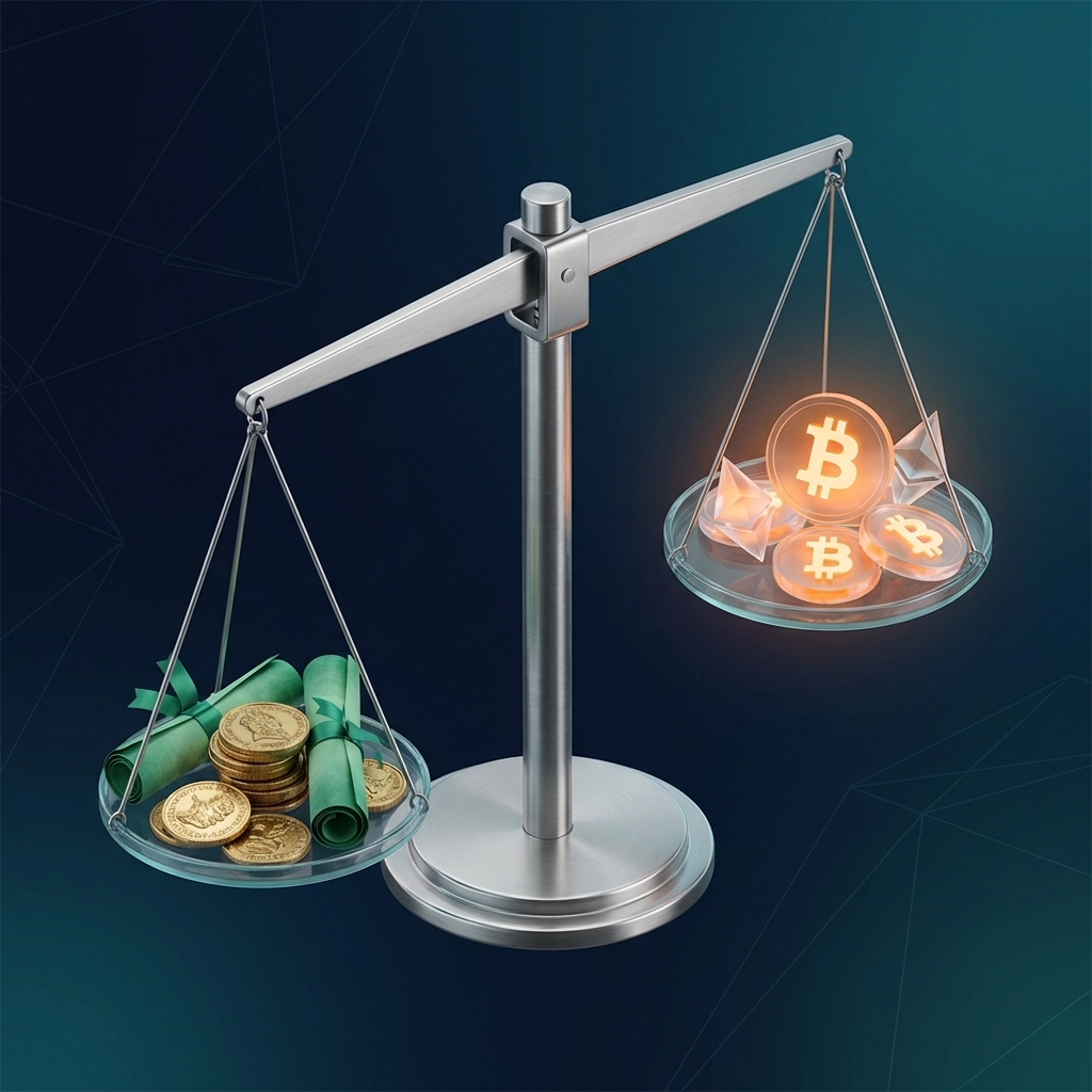 Balanced scale weighing traditional assets and digital tokens, highlighting hedge fund diversification and digital asset integration.