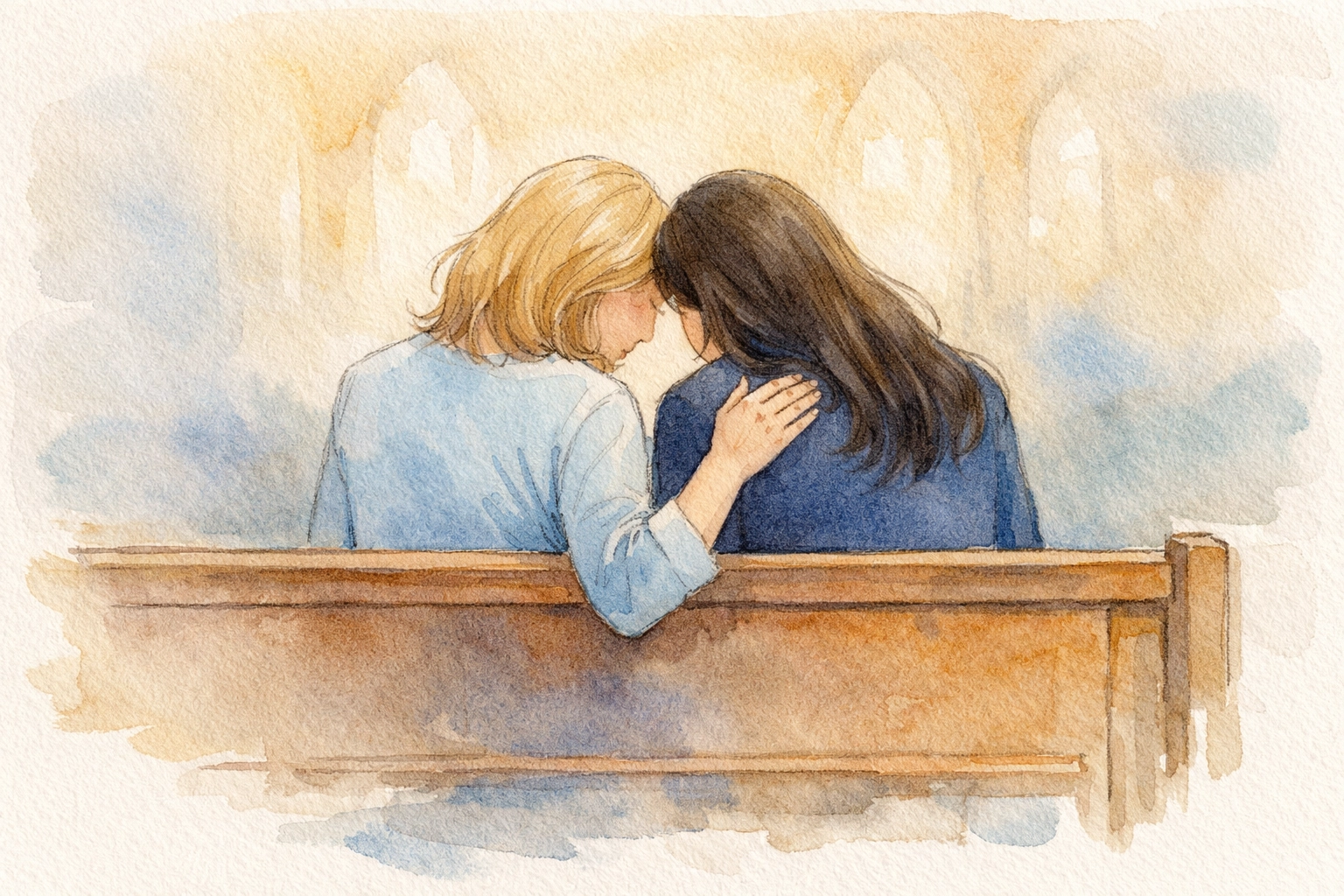 Two women praying together in church, offering comfort and support during worship