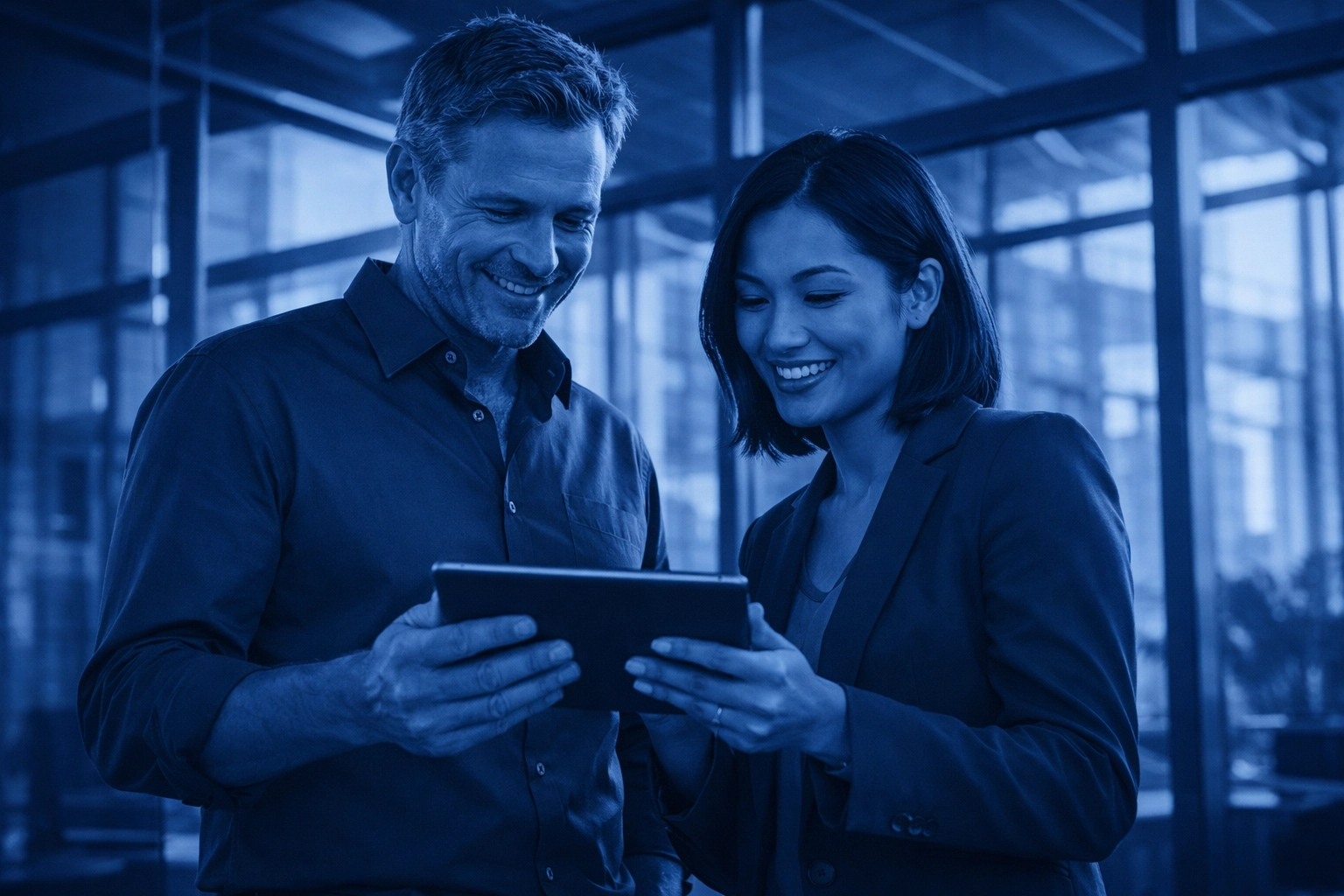 Colleagues collaborating on a tablet using real-time cloud document sharing for business.