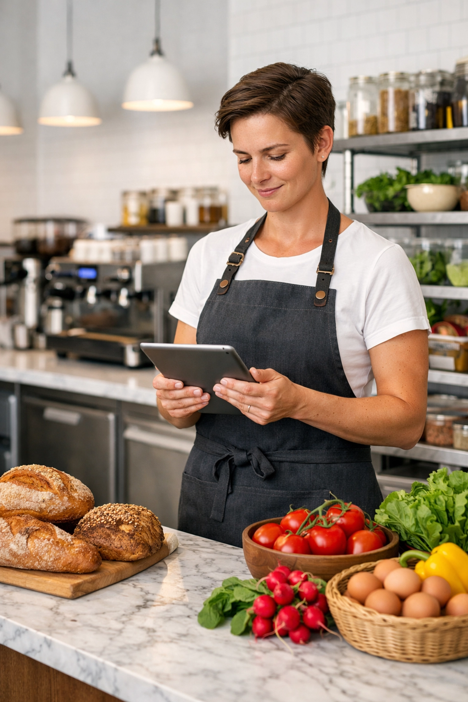 Cafe manager using a handheld restaurant pos system to track inventory and stock in a modern kitchen.