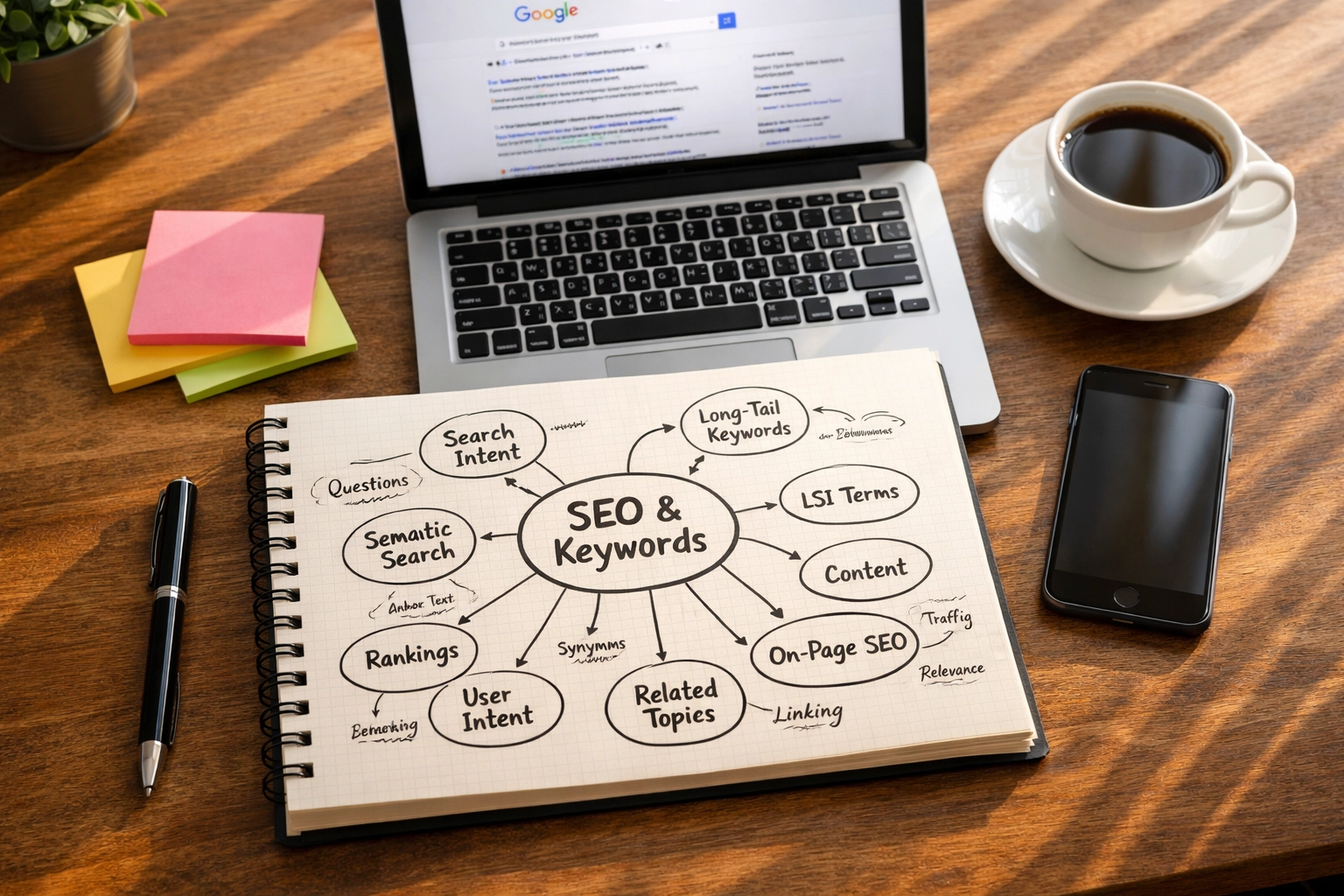 Espace de travail montrant la recherche de mots-clés LSI et relations sémantiques pour le SEO