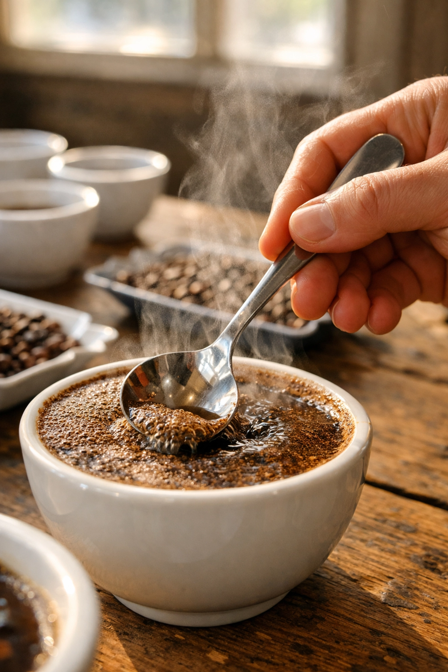 Meticulous coffee cupping process ensuring quality and consistency from wholesale specialty coffee roasters.