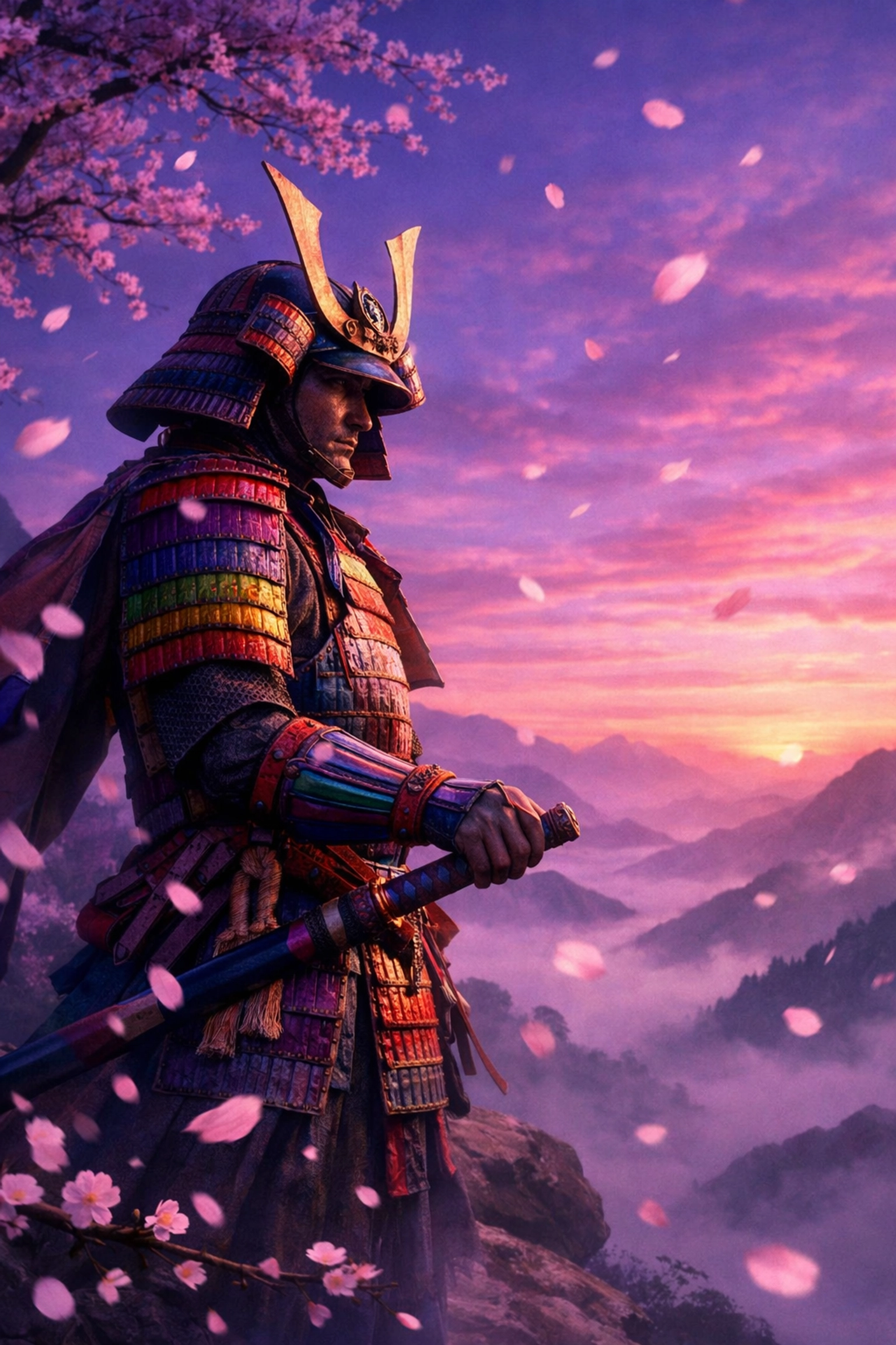 Samurai warrior in traditional armor at dawn representing historical queer warrior culture and honor