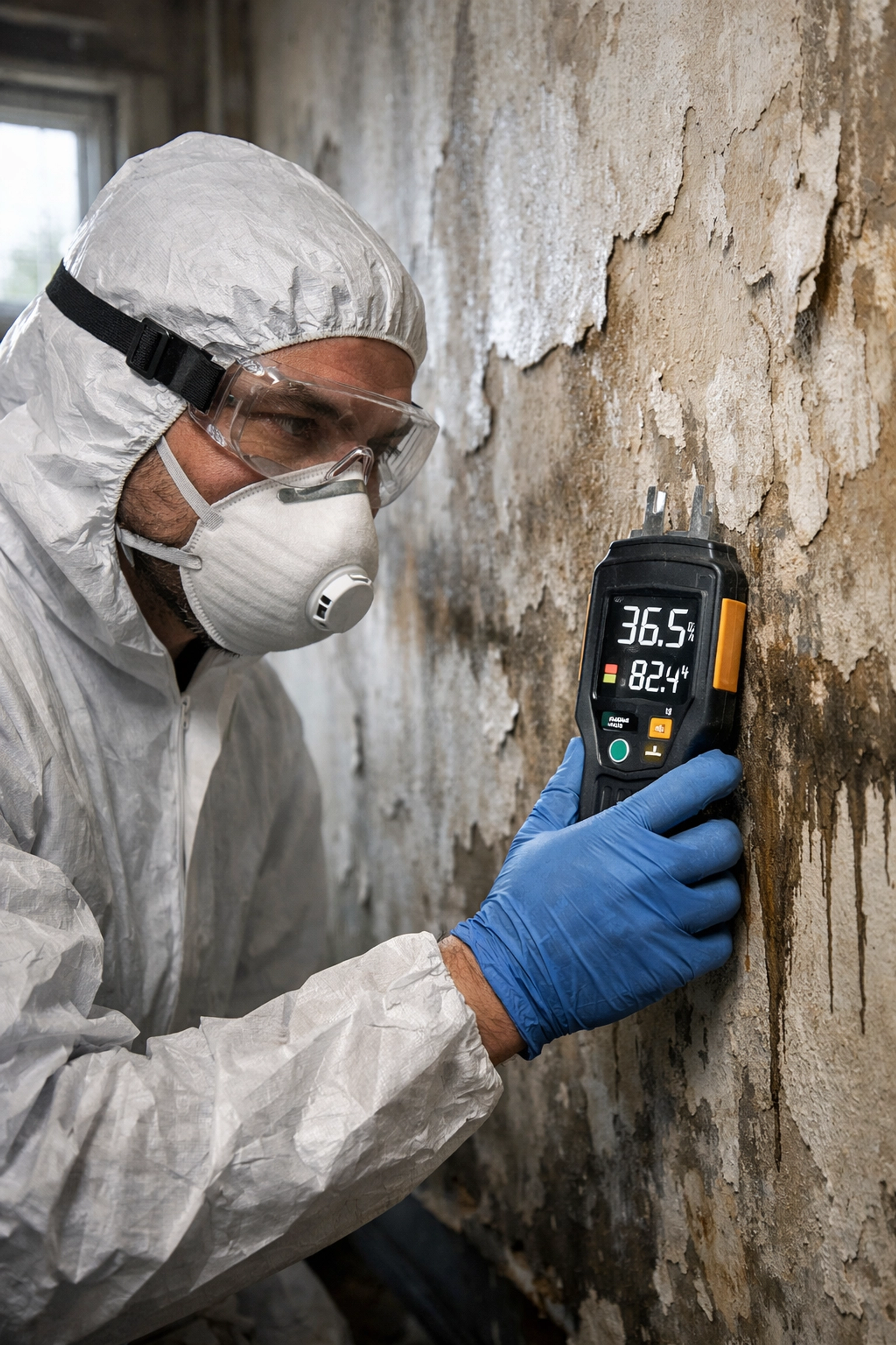 Professional water damage restoration technician using moisture meter on damaged wall