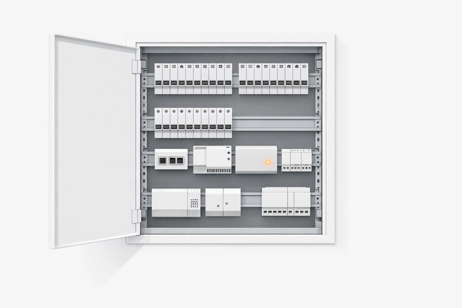 Geordneter Verteilerkasten mit modularen Smart Home Komponenten für eine zukunftssichere Elektroinstallation.