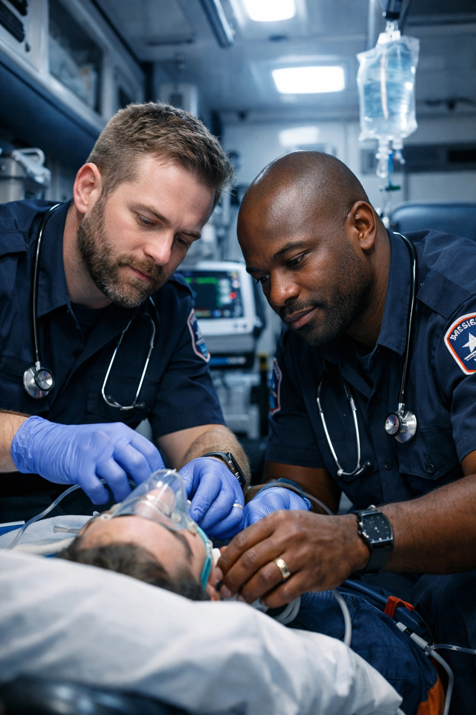 Two gay male paramedics treating patient in ambulance, showing LGBTQ+ healthcare representation