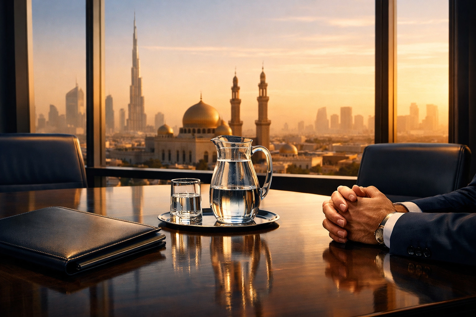 Diplomatic conference room overlooking Middle Eastern city during peace negotiations